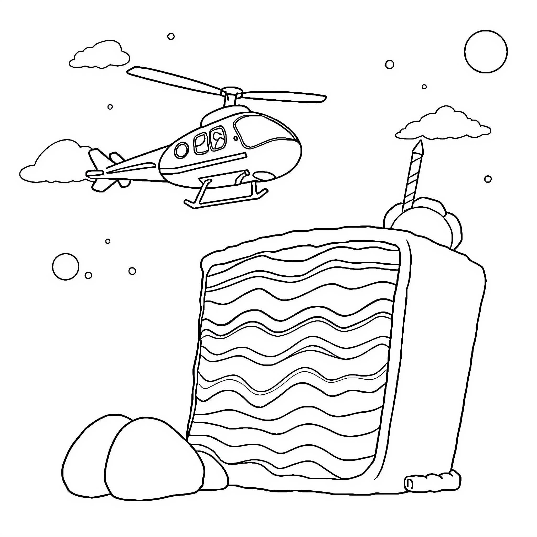 Skye's adventurous helicopter journey above the waves Coloring Page (free black-and-white line drawing printable PDF for all, from beginners to advanced learners, including children, teens, adults, and seniors)