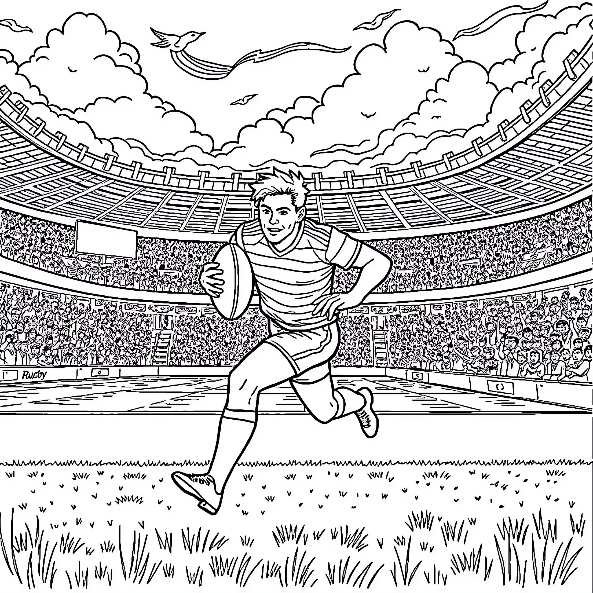 Rugby Player in Action on Pitch Coloring Page (free black-and-white line drawing printable PDF for all, from beginners to advanced learners, including children, teens, adults, and seniors)