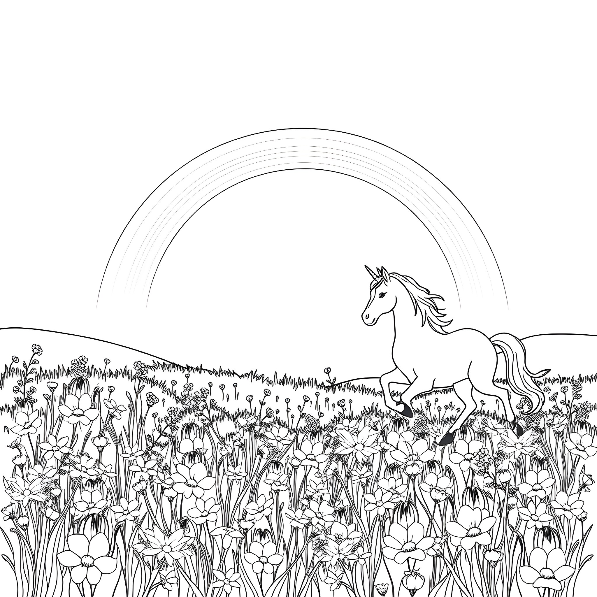 Unicorn galloping through a field of flowers Coloring Page (free black-and-white line drawing printable PDF for all, from beginners to advanced learners, including children, teens, adults, and seniors)