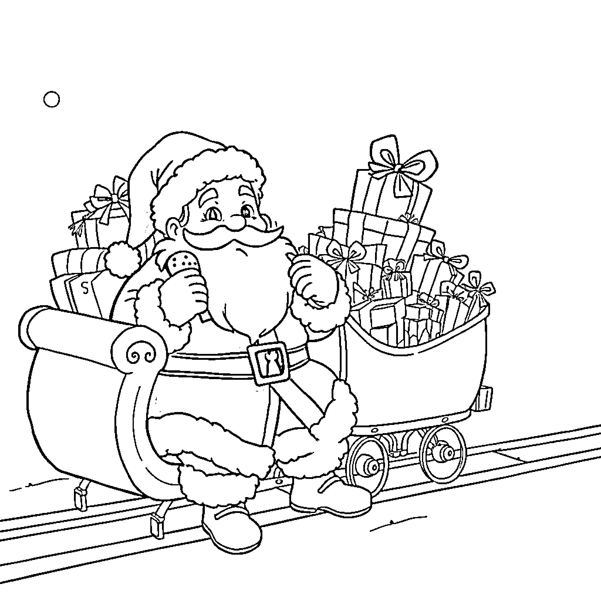 Père Noël delivering gifts on a sleigh Coloring Page (free black-and-white line drawing printable PDF for all, from beginners to advanced learners, including children, teens, adults, and seniors)