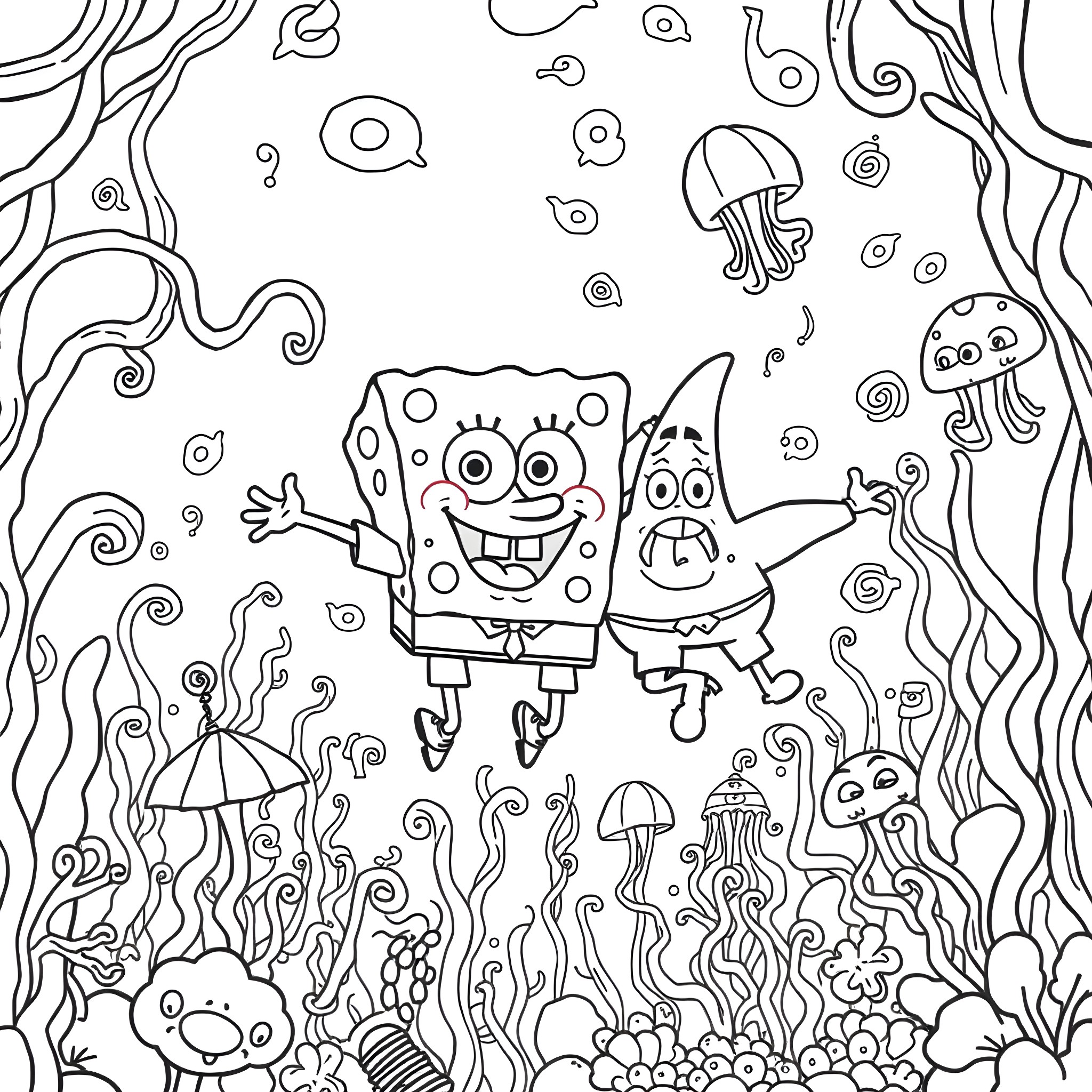 Spongebob and Patrick explore the wondrous underwater world Coloring Page (free black-and-white line drawing printable PDF for all, from beginners to advanced learners, including children, teens, adults, and seniors)