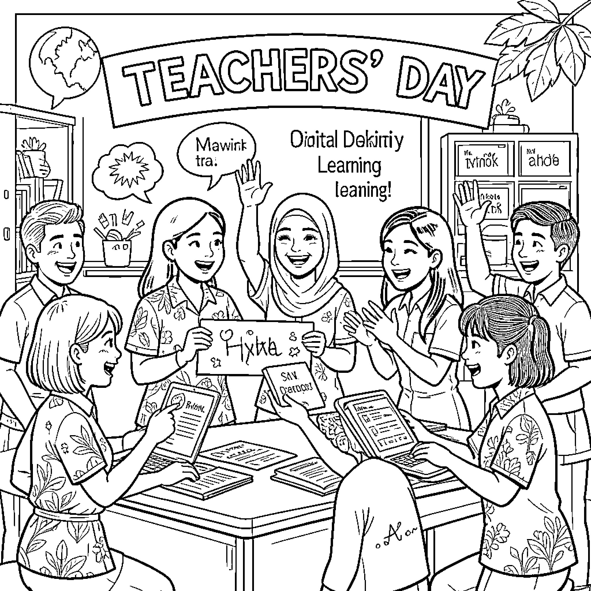 Teacher's Day Celebration in Classroom Coloring Page (free black-and-white line drawing printable PDF for all, from beginners to advanced learners, including children, teens, adults, and seniors)