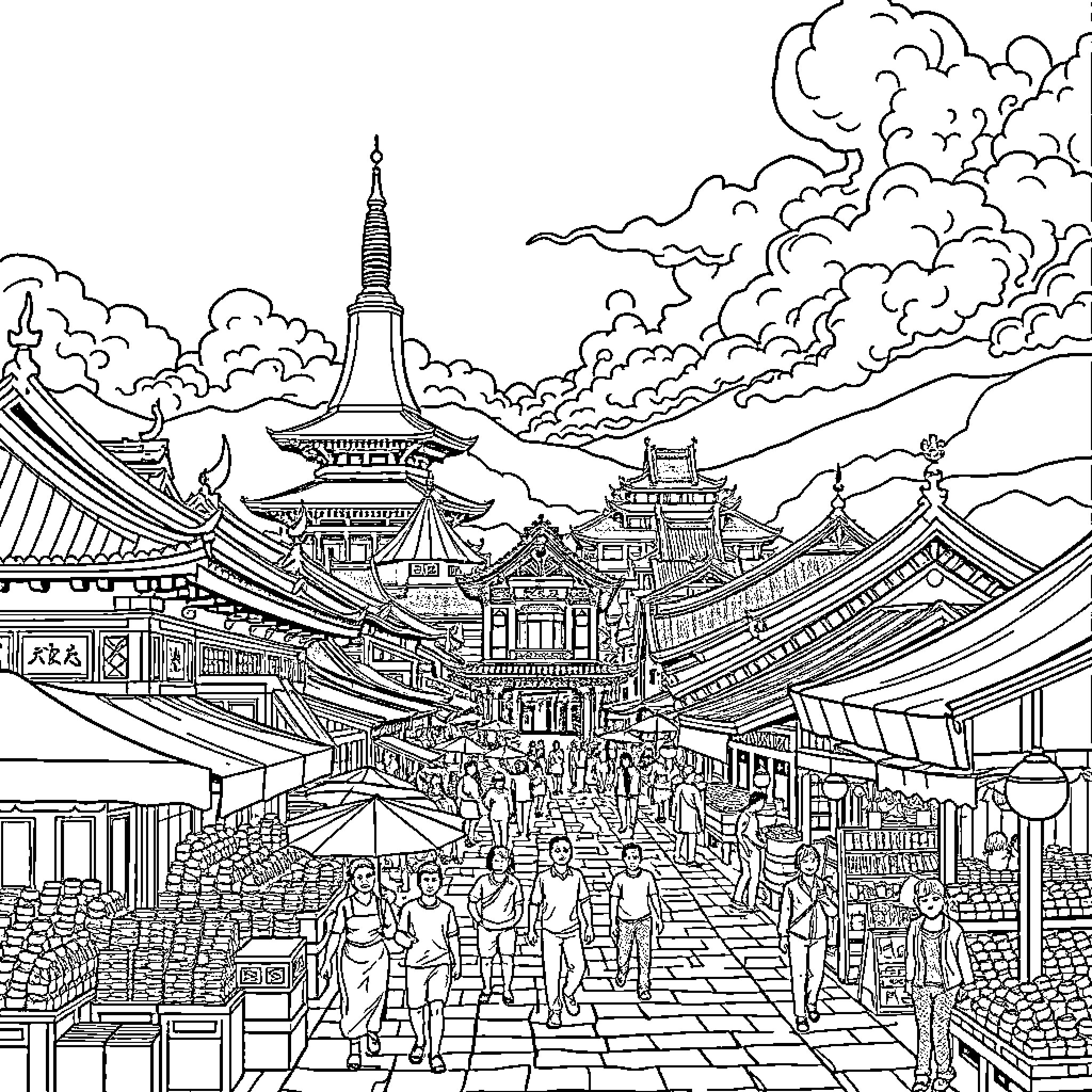 South Korea: Traditional architecture and bustling street scene Coloring Page (free black-and-white line drawing printable PDF for all, from beginners to advanced learners, including children, teens, adults, and seniors)