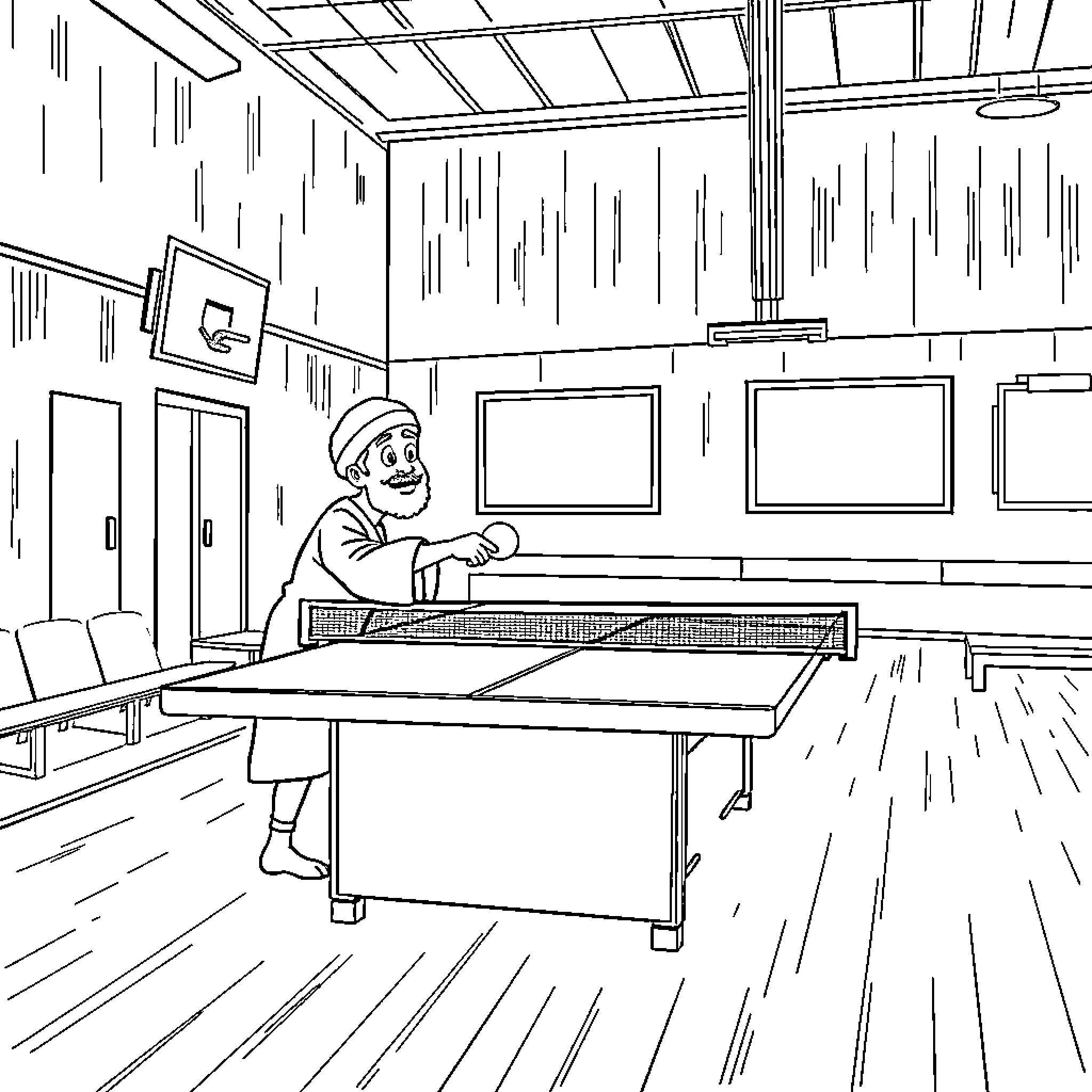 Rumi playing table tennis in a gym Coloring Page (free black-and-white line drawing printable PDF for all, from beginners to advanced learners, including children, teens, adults, and seniors)