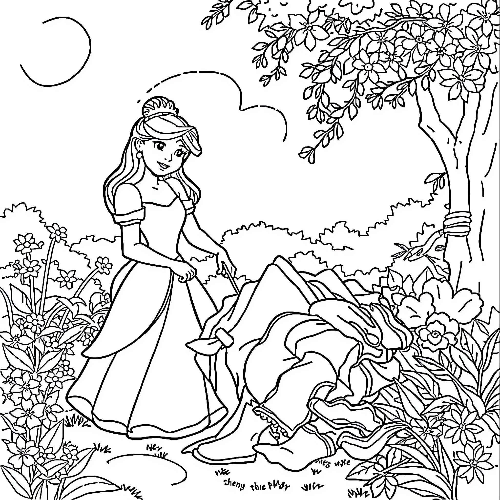 Disney Princess in a Serene Nature Scene Coloring Page (free black-and-white line drawing printable PDF for all, from beginners to advanced learners, including children, teens, adults, and seniors)