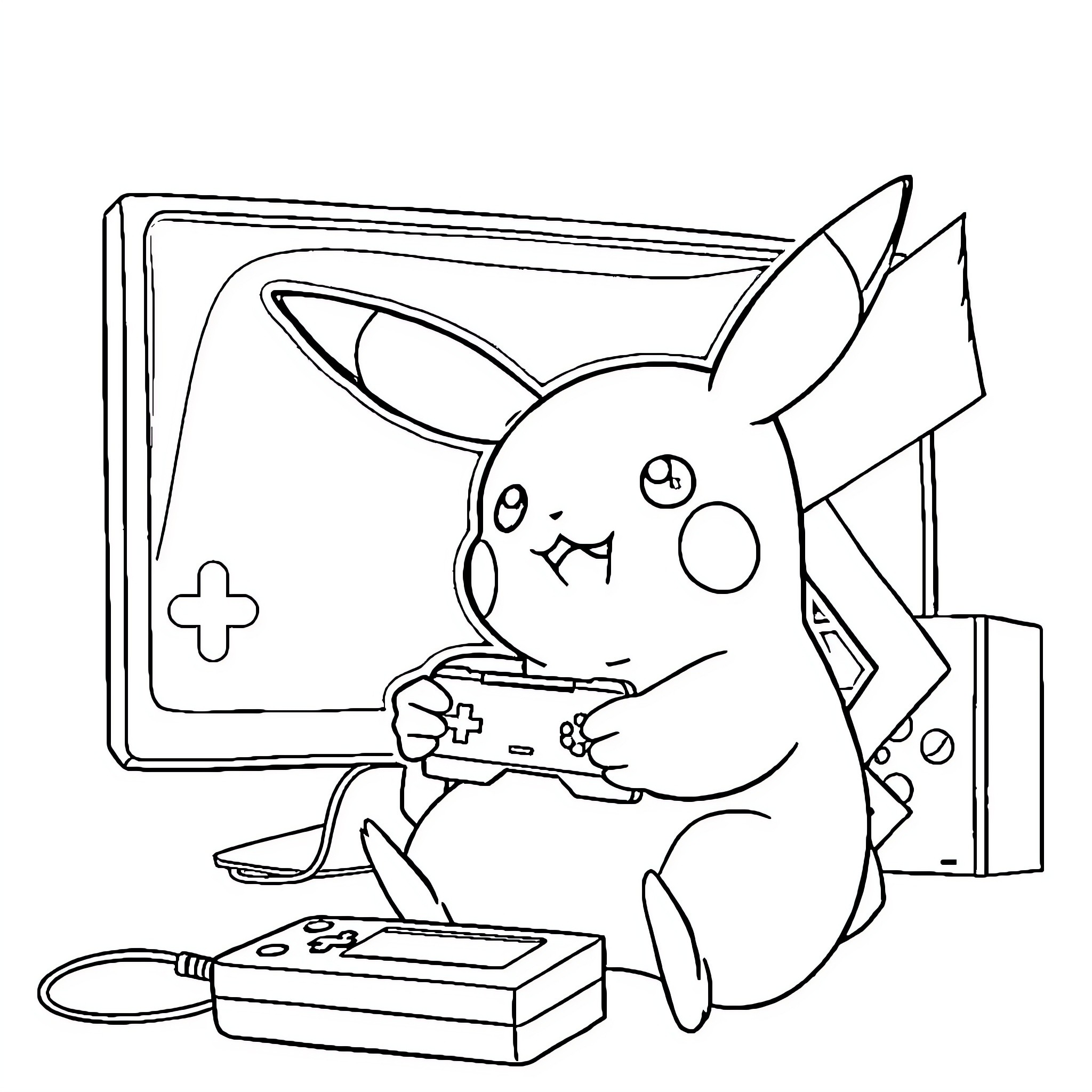 Pikachu playing video games with enthusiasm Coloring Page (free black-and-white line drawing printable PDF for all, from beginners to advanced learners, including children, teens, adults, and seniors)