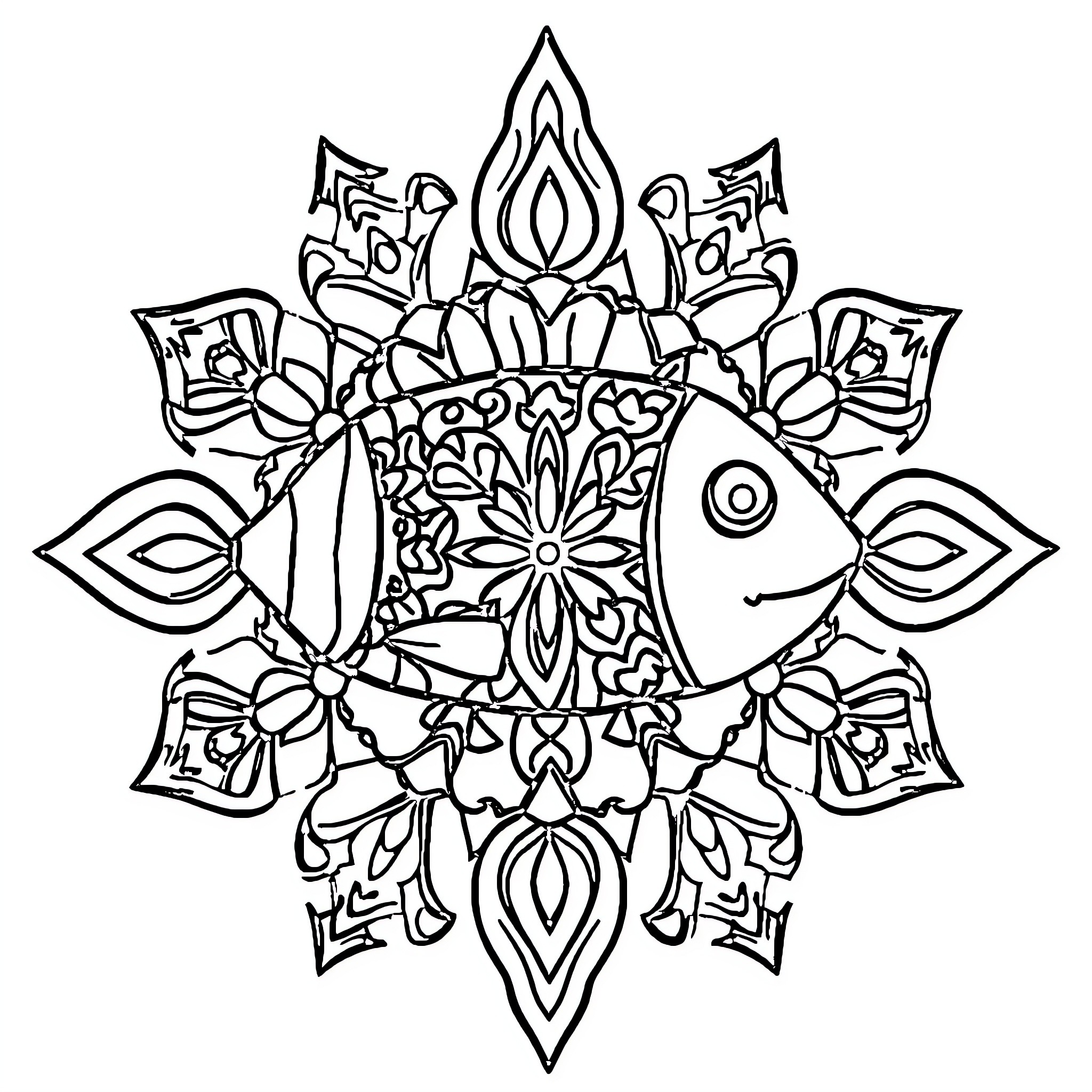 Mandala of Floral Patterns and Fish Coloring Page (free black-and-white line drawing printable PDF for all, from beginners to advanced learners, including children, teens, adults, and seniors)
