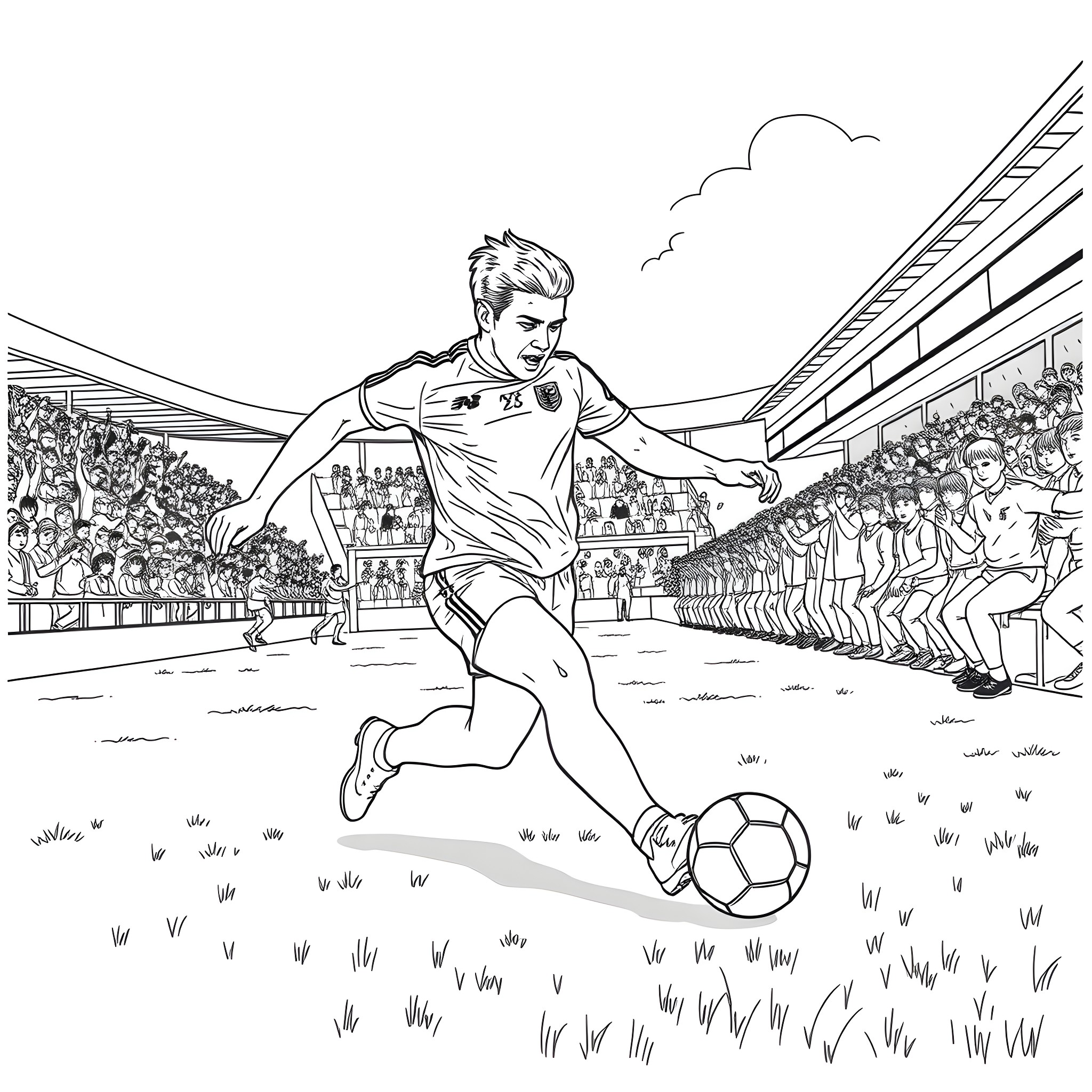 GAA Player Scoring Goal in Soccer Stadium Coloring Page (free black-and-white line drawing printable PDF for all, from beginners to advanced learners, including children, teens, adults, and seniors)