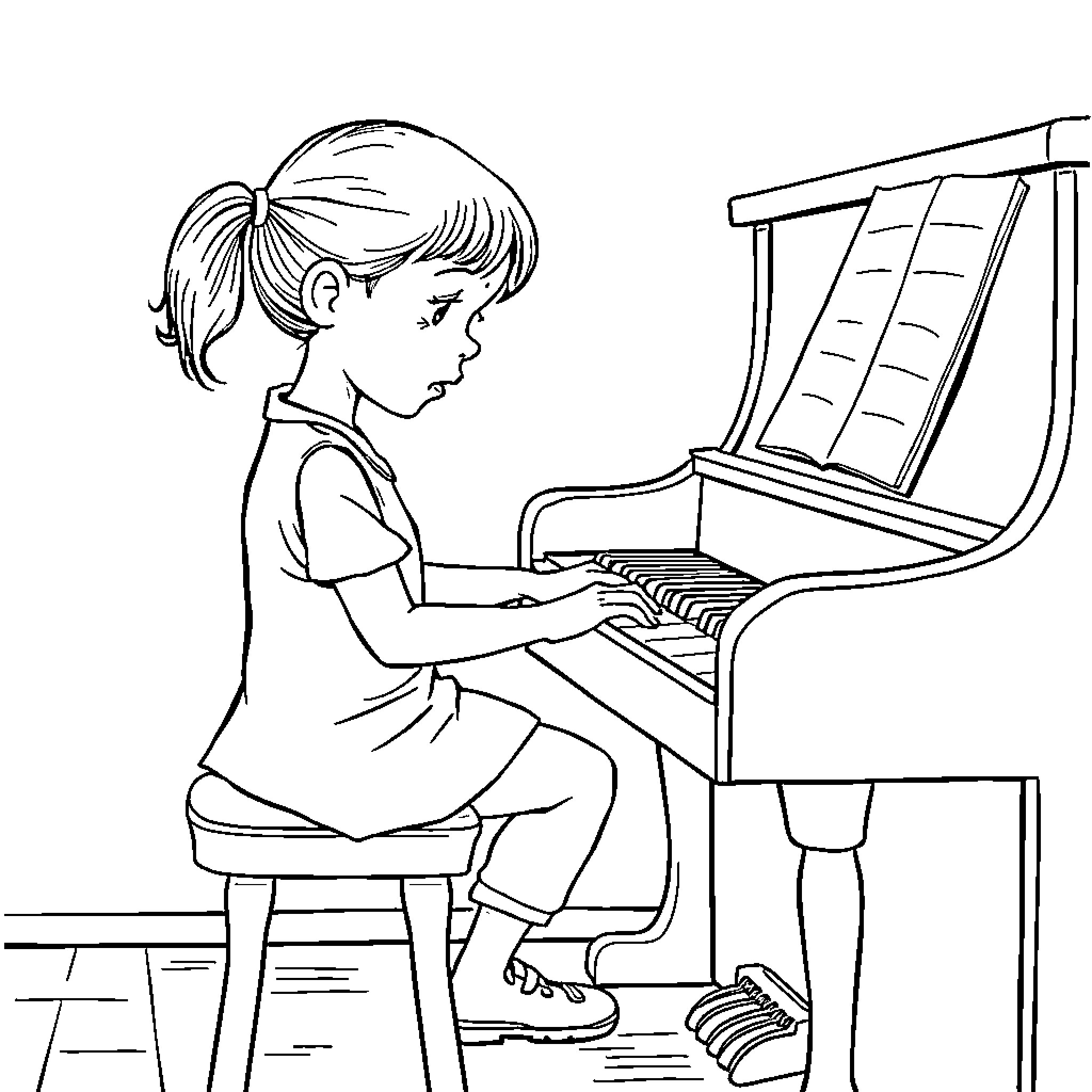 Girl playing piano with concentration Coloring Page (free black-and-white line drawing printable PDF for all, from beginners to advanced learners, including children, teens, adults, and seniors)