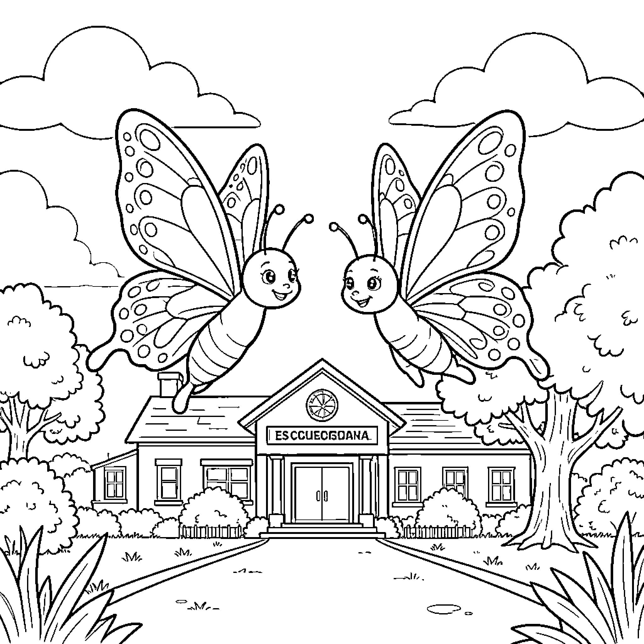 Mariposa Butterflies Explore Schoolhouse on the Meadow Coloring Page (free black-and-white line drawing printable PDF for all, from beginners to advanced learners, including children, teens, adults, and seniors)