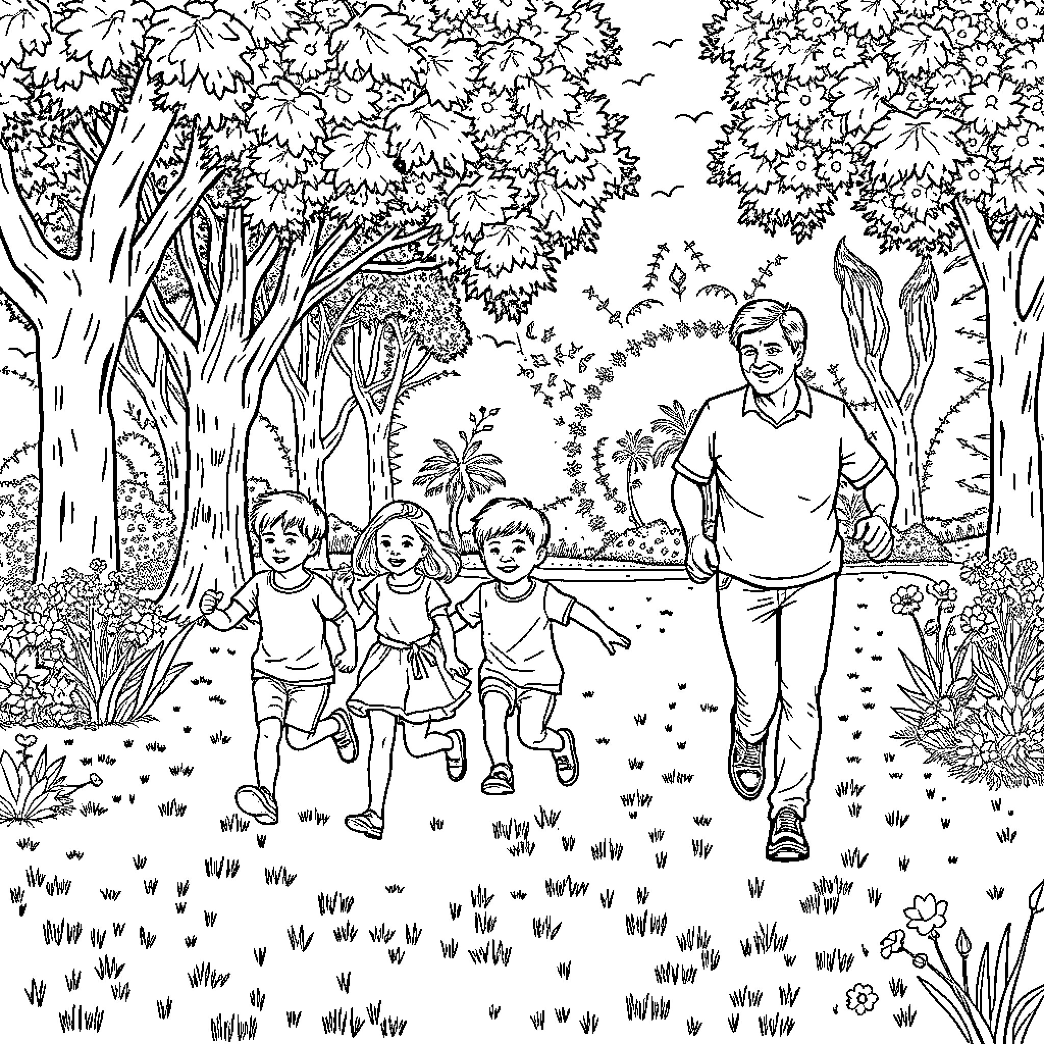 Child playing happily with family in the forest Coloring Page (free black-and-white line drawing printable PDF for all, from beginners to advanced learners, including children, teens, adults, and seniors)