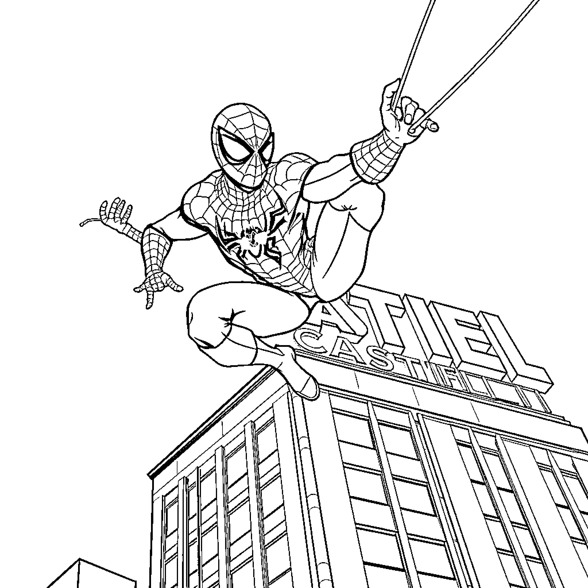 Spiderman swinging through the city with action Coloring Page (free black-and-white line drawing printable PDF for all, from beginners to advanced learners, including children, teens, adults, and seniors)