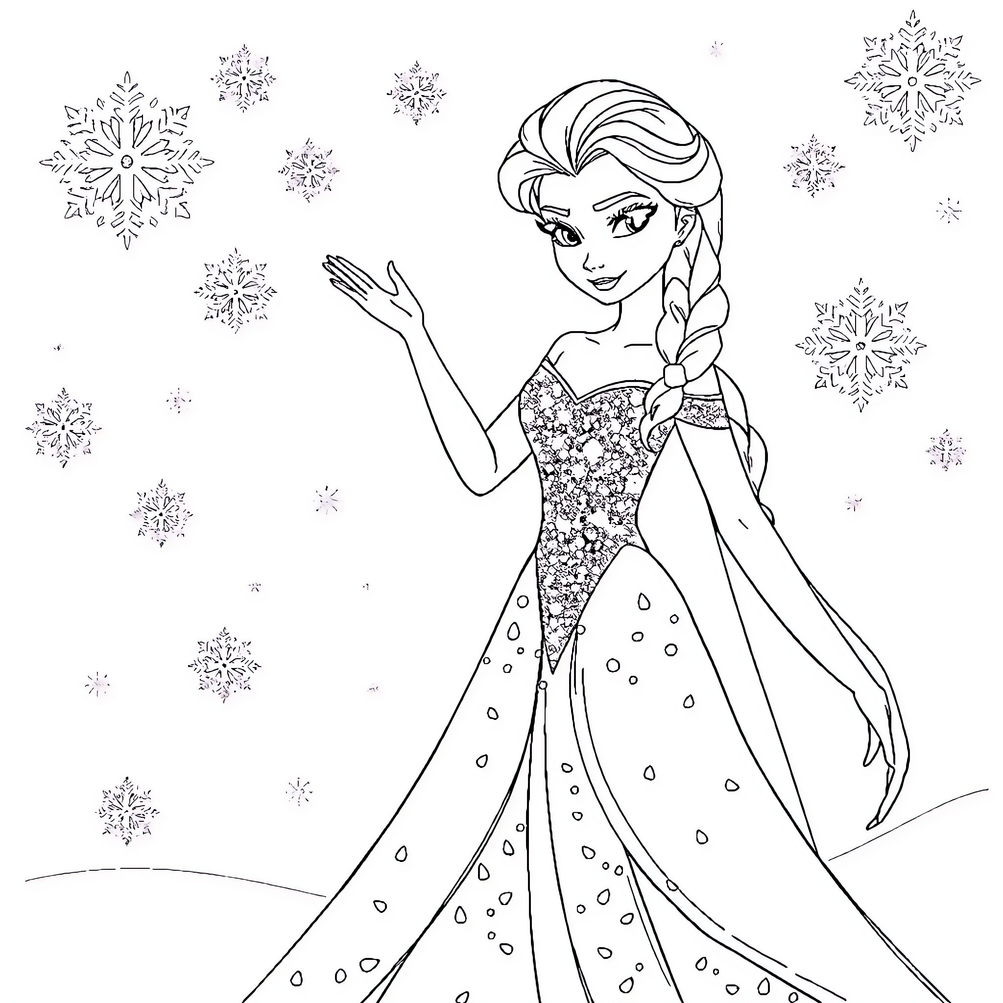 Elsa enjoying the winter wonderland with snowflakes Coloring Page (free black-and-white line drawing printable PDF for all, from beginners to advanced learners, including children, teens, adults, and seniors)