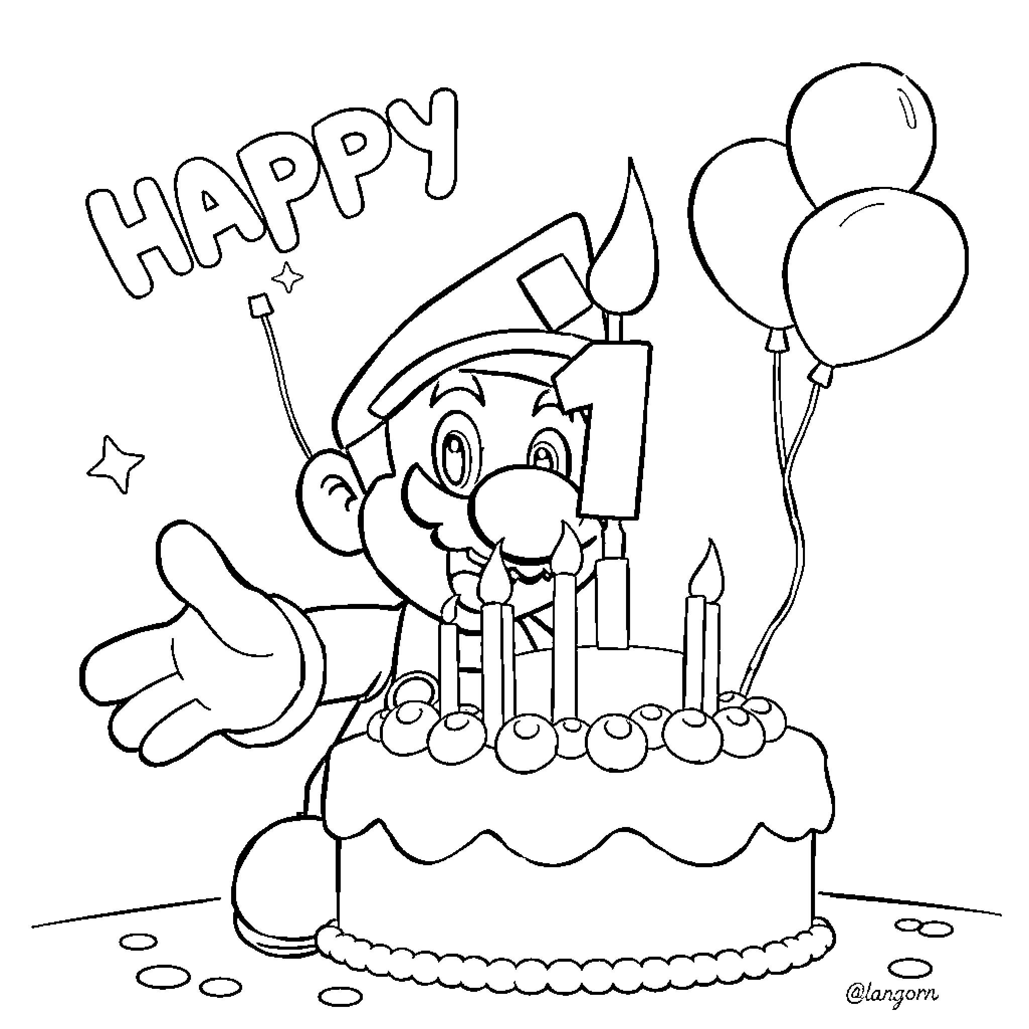 Super Mario celebrating birthday with cake and balloons Coloring Page (free black-and-white line drawing printable PDF for all, from beginners to advanced learners, including children, teens, adults, and seniors)