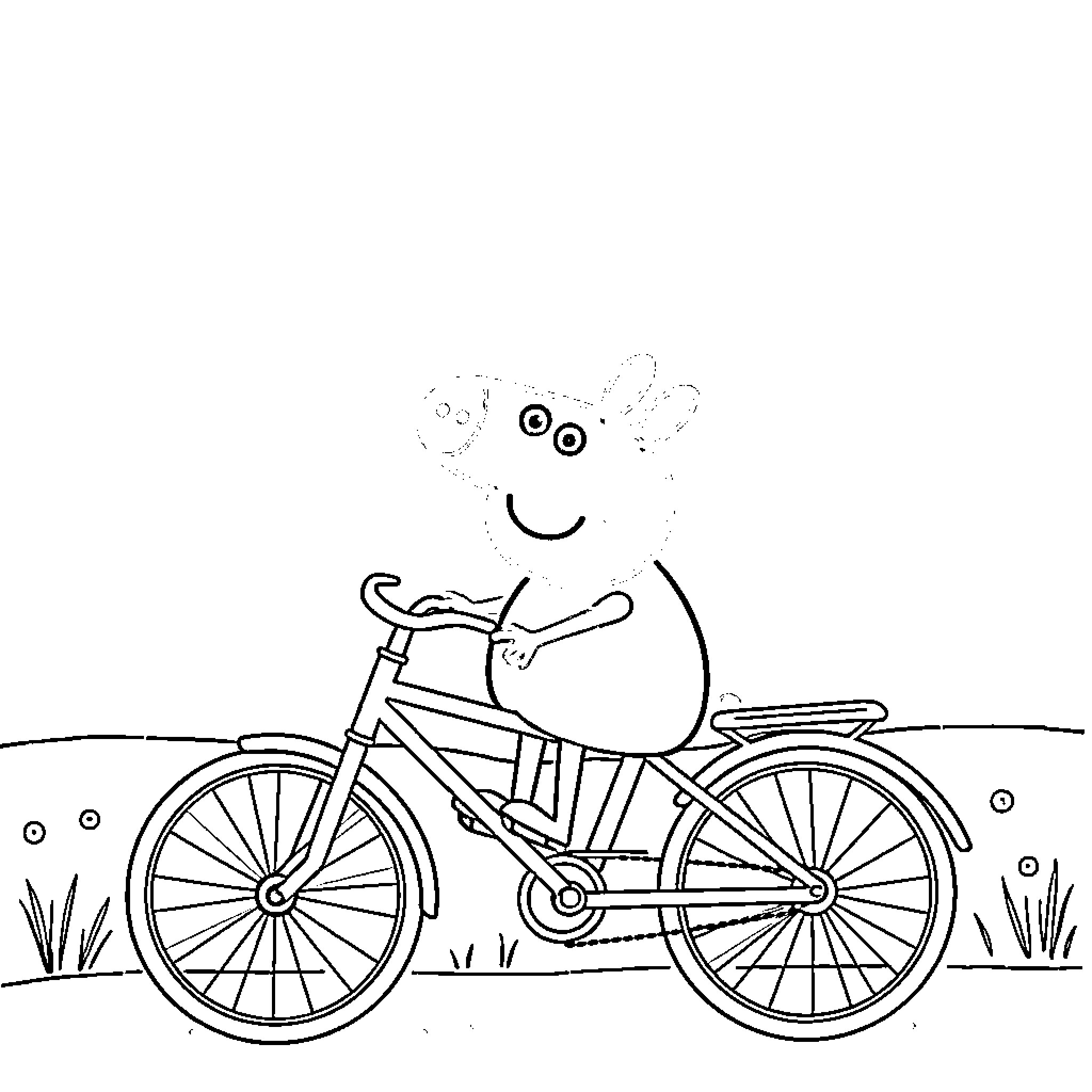 Peppa Pig riding a bicycle in the park Coloring Page (free black-and-white line drawing printable PDF for all, from beginners to advanced learners, including children, teens, adults, and seniors)
