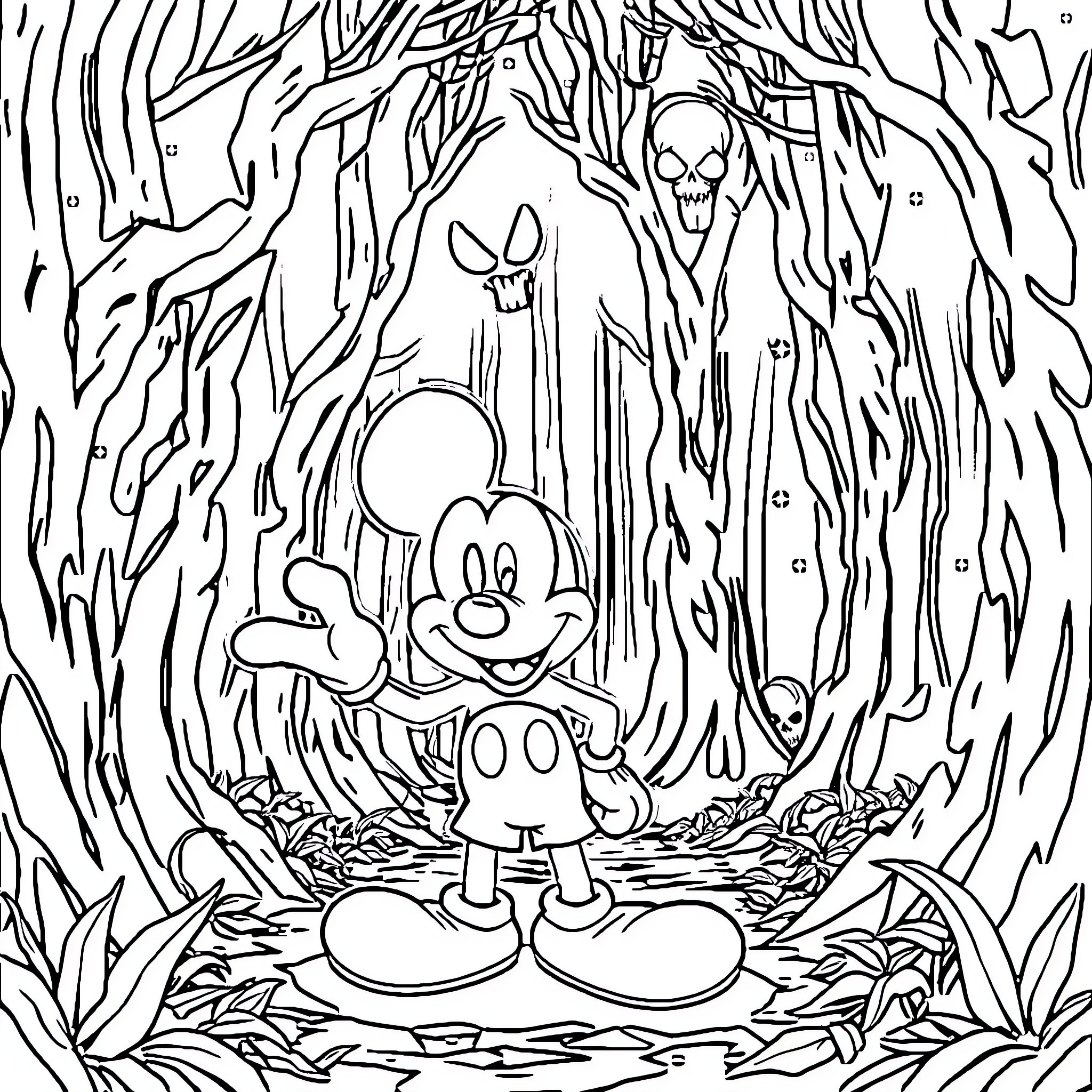 Mickey Mouse exploring a spooky forest Coloring Page (free black-and-white line drawing printable PDF for all, from beginners to advanced learners, including children, teens, adults, and seniors)