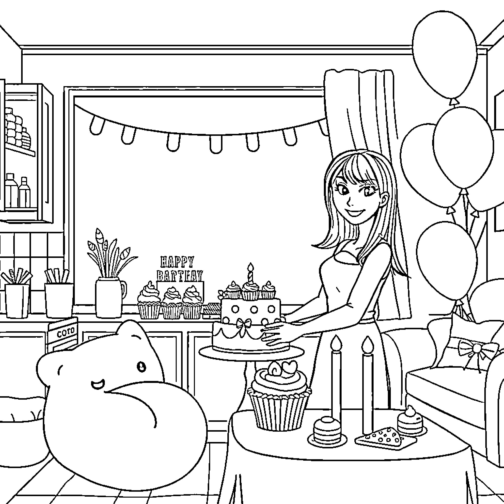 Mommy celebrating birthday with her child Coloring Page (free black-and-white line drawing printable PDF for all, from beginners to advanced learners, including children, teens, adults, and seniors)