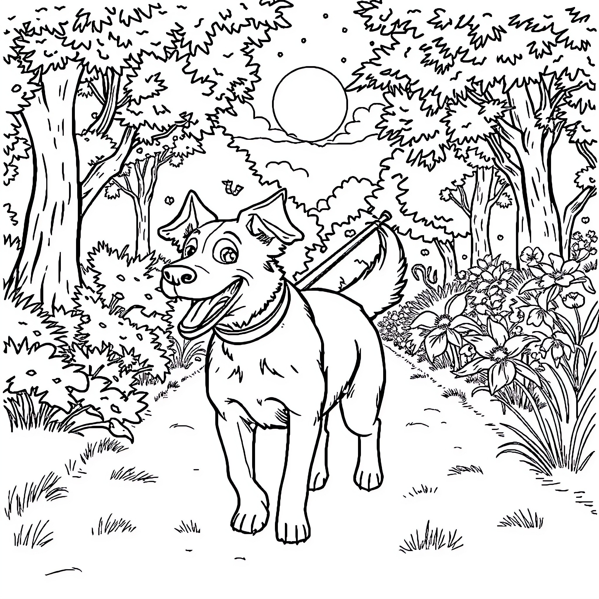 Dog playing in the forest under the moon Coloring Page (free black-and-white line drawing printable PDF for all, from beginners to advanced learners, including children, teens, adults, and seniors)