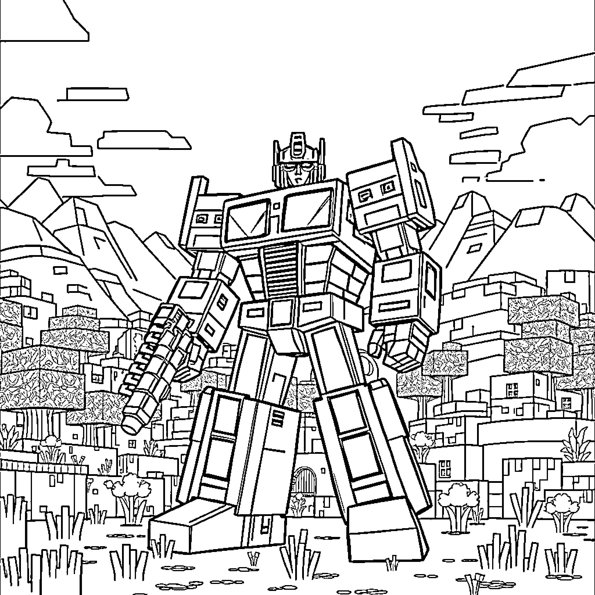 Transformer robot standing tall in futuristic cityscape Coloring Page (free black-and-white line drawing printable PDF for all, from beginners to advanced learners, including children, teens, adults, and seniors)