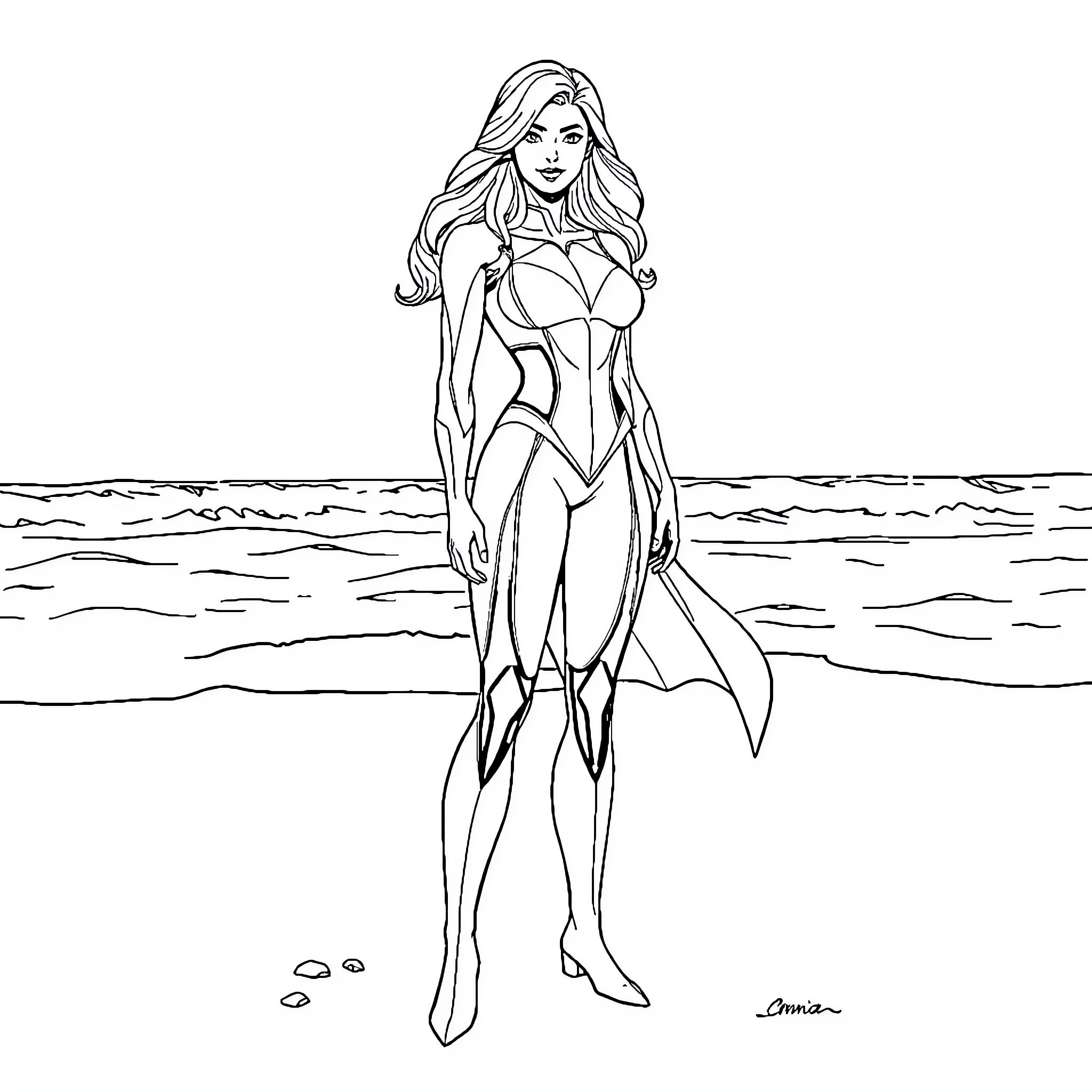Emma Frost in a heroic pose on the beach Coloring Page (free black-and-white line drawing printable PDF for all, from beginners to advanced learners, including children, teens, adults, and seniors)