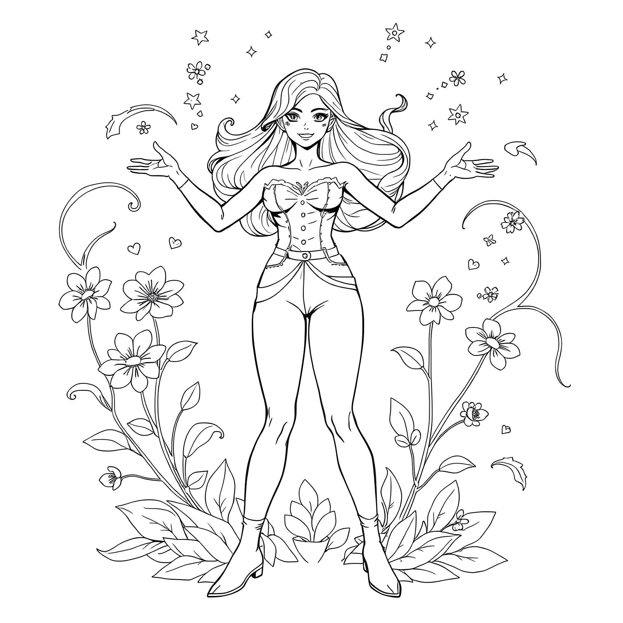 Superheroine Posing with Floral Decorations Coloring Page (free black-and-white line drawing printable PDF for all, from beginners to advanced learners, including children, teens, adults, and seniors)
