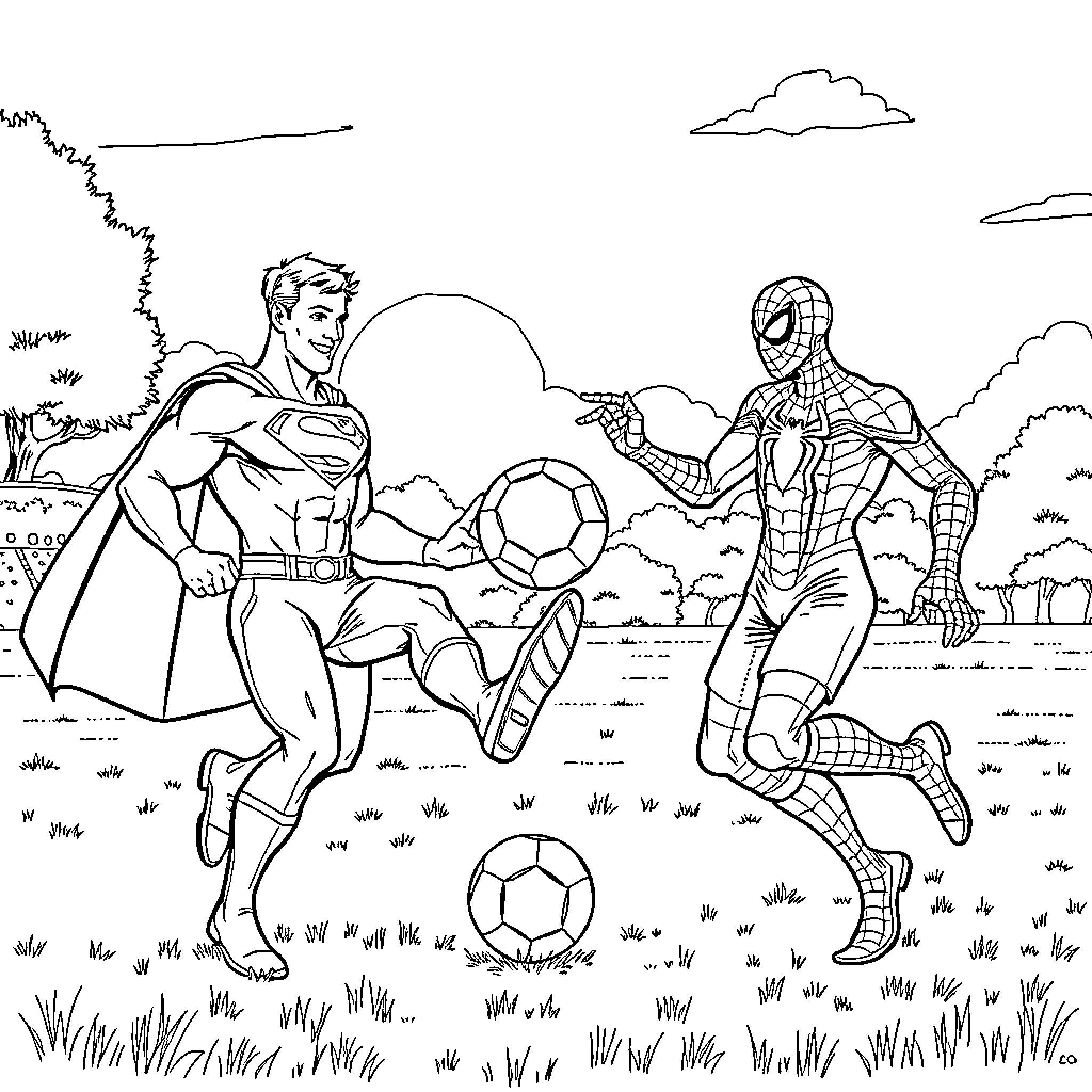 Superman and Spider-Man playing soccer in the park Coloring Page (free black-and-white line drawing printable PDF for all, from beginners to advanced learners, including children, teens, adults, and seniors)