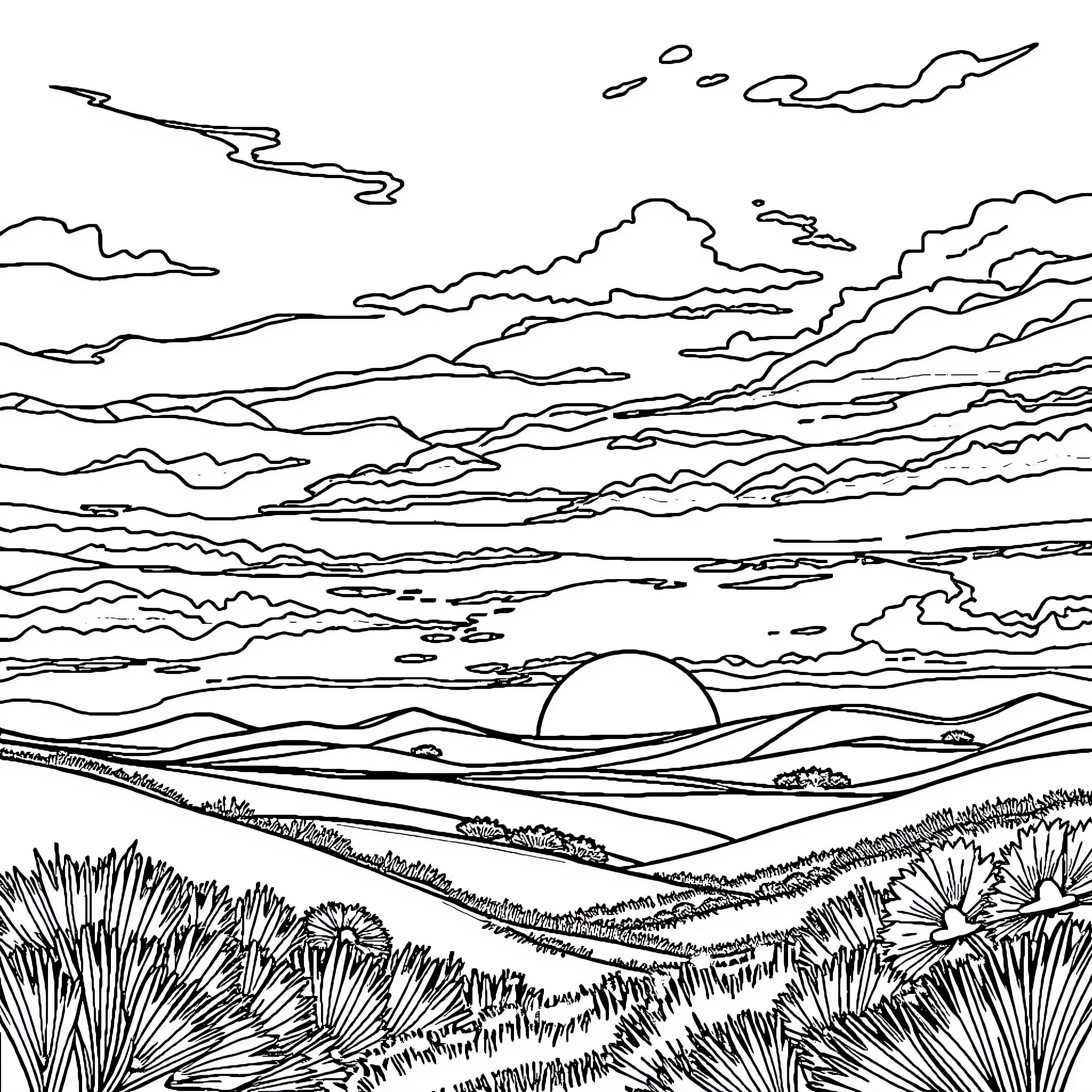 Sunset over the serene landscape Coloring Page (free black-and-white line drawing printable PDF for all, from beginners to advanced learners, including children, teens, adults, and seniors)