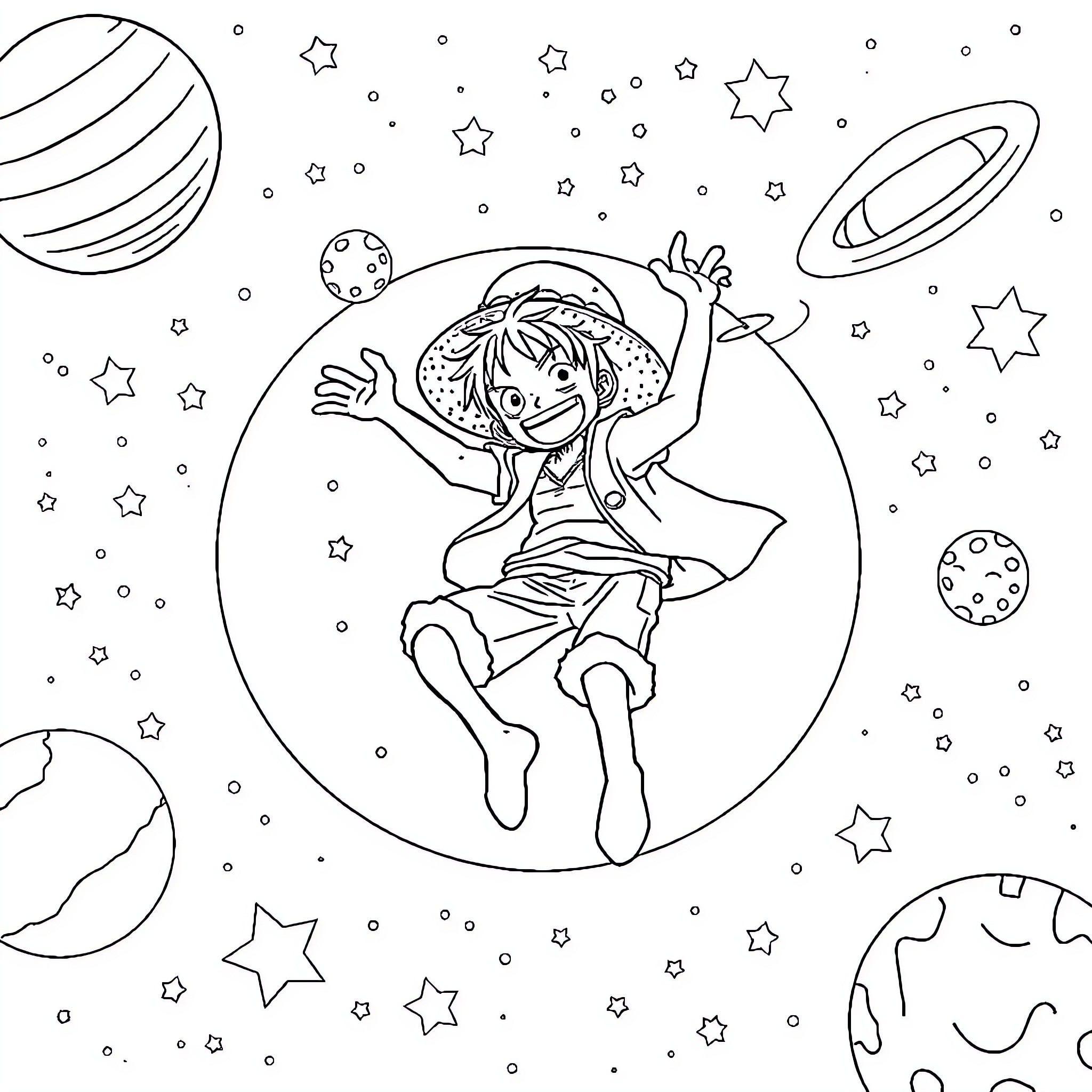 Luffy's Cosmic Adventure Coloring Page (free black-and-white line drawing printable PDF for all, from beginners to advanced learners, including children, teens, adults, and seniors)