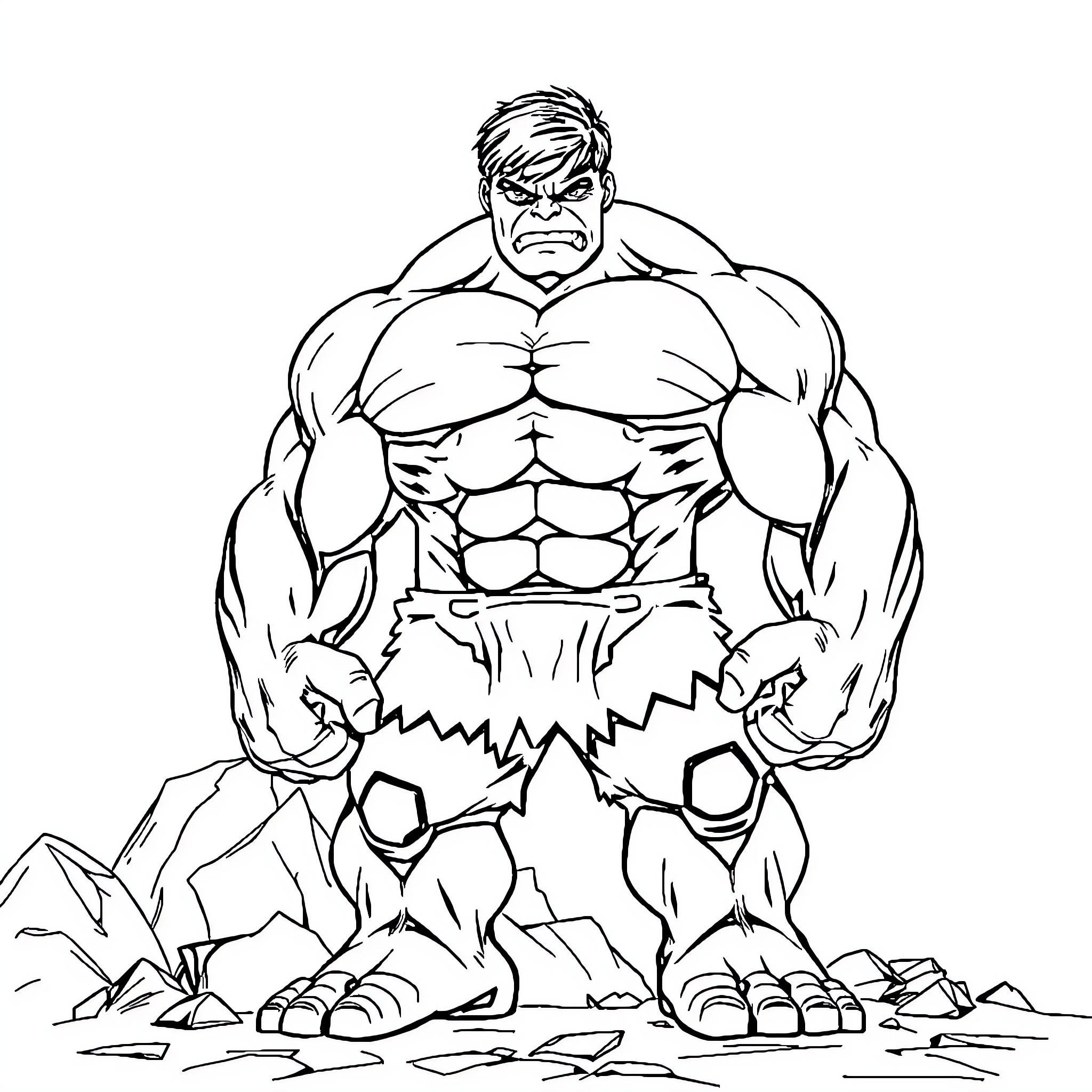 Hulk standing fiercely with clenched fists Coloring Page (free black-and-white line drawing printable PDF for all, from beginners to advanced learners, including children, teens, adults, and seniors)