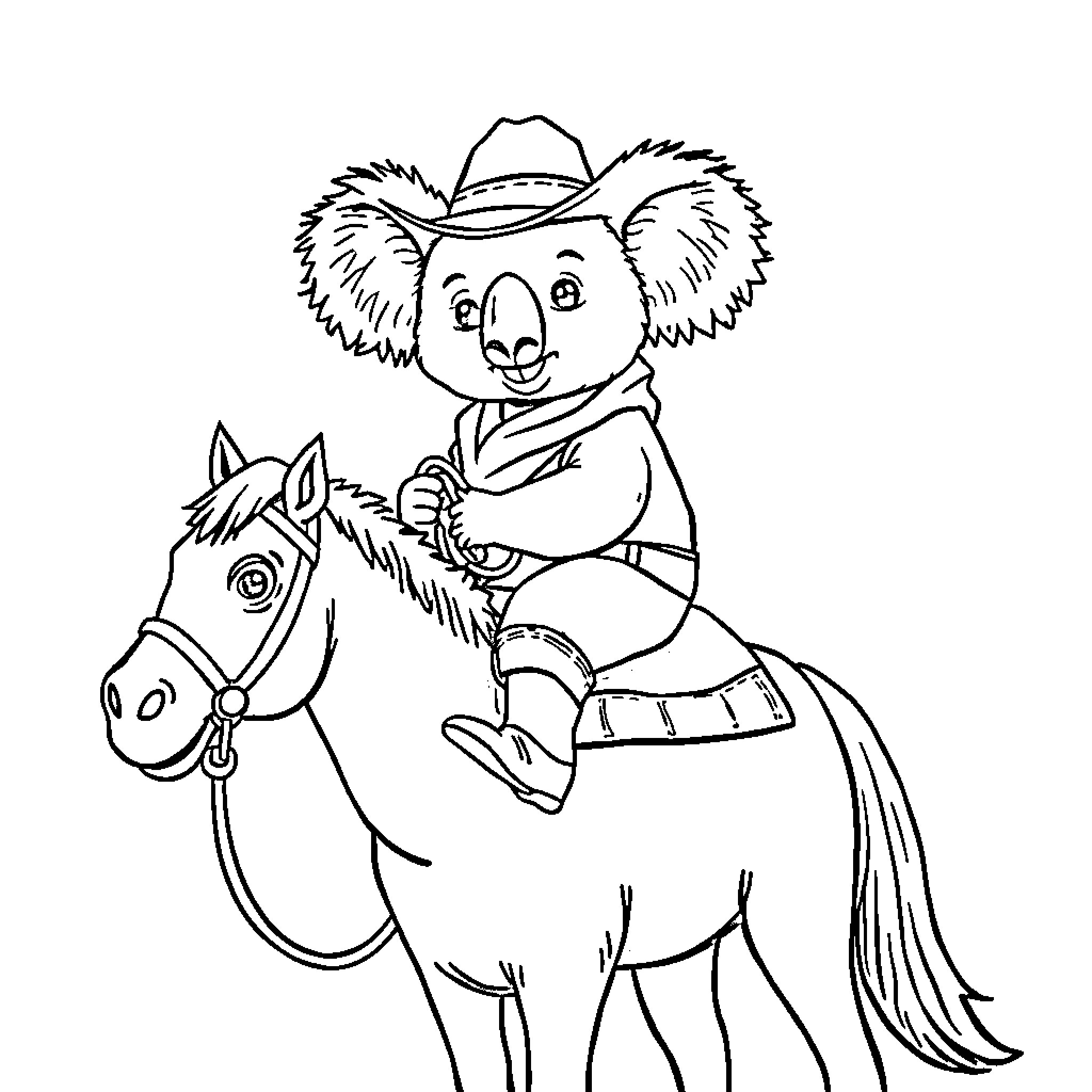 Koala riding a horse in a cowboy outfit Coloring Page (free black-and-white line drawing printable PDF for all, from beginners to advanced learners, including children, teens, adults, and seniors)