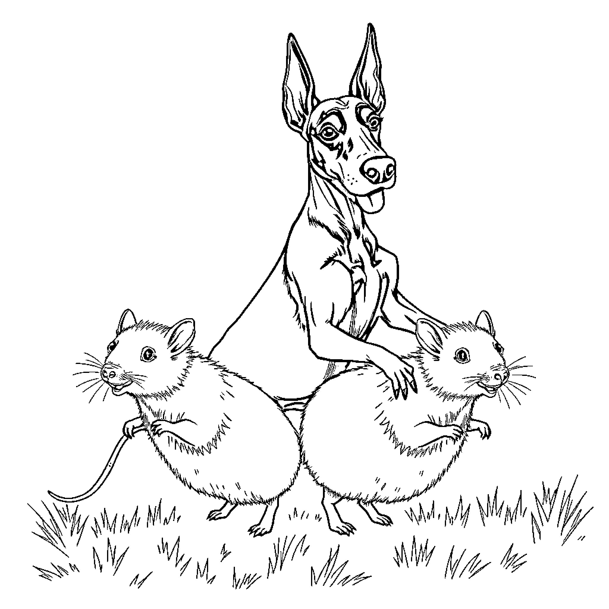 Bull Terrier with Rodent Companions in Grassy Scene Coloring Page (free black-and-white line drawing printable PDF for all, from beginners to advanced learners, including children, teens, adults, and seniors)