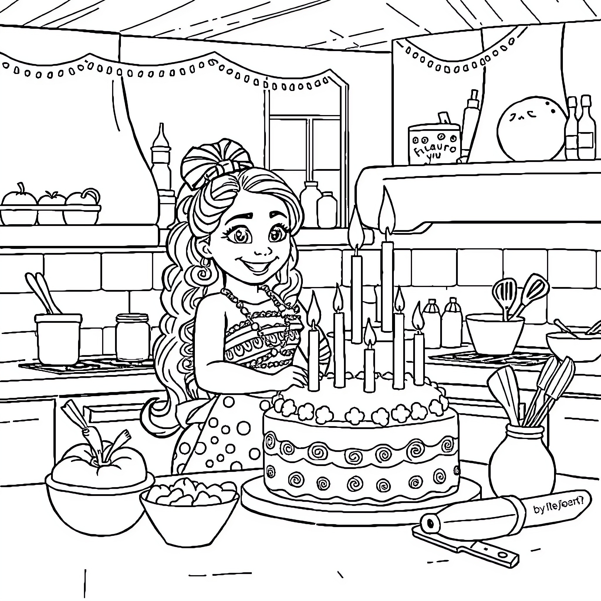 Moana Baking a Festive Cake in a Cozy Kitchen Coloring Page (free black-and-white line drawing printable PDF for all, from beginners to advanced learners, including children, teens, adults, and seniors)