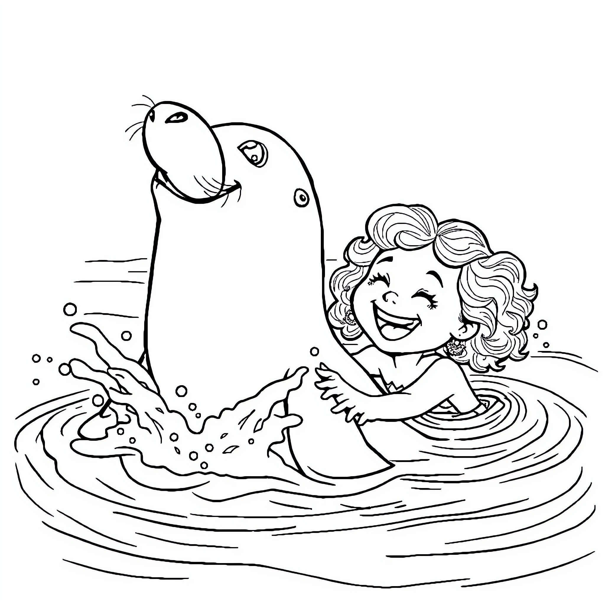 Sea Lion playfully interacting with a smiling girl Coloring Page (free black-and-white line drawing printable PDF for all, from beginners to advanced learners, including children, teens, adults, and seniors)