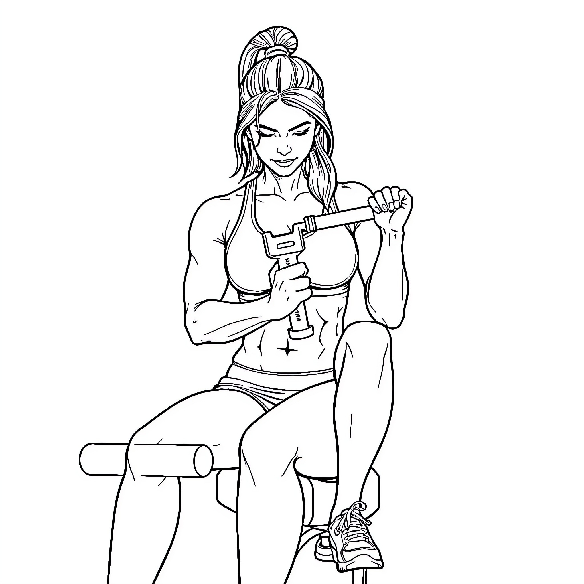 Woman working out with exercise equipment Coloring Page (free black-and-white line drawing printable PDF for all, from beginners to advanced learners, including children, teens, adults, and seniors)