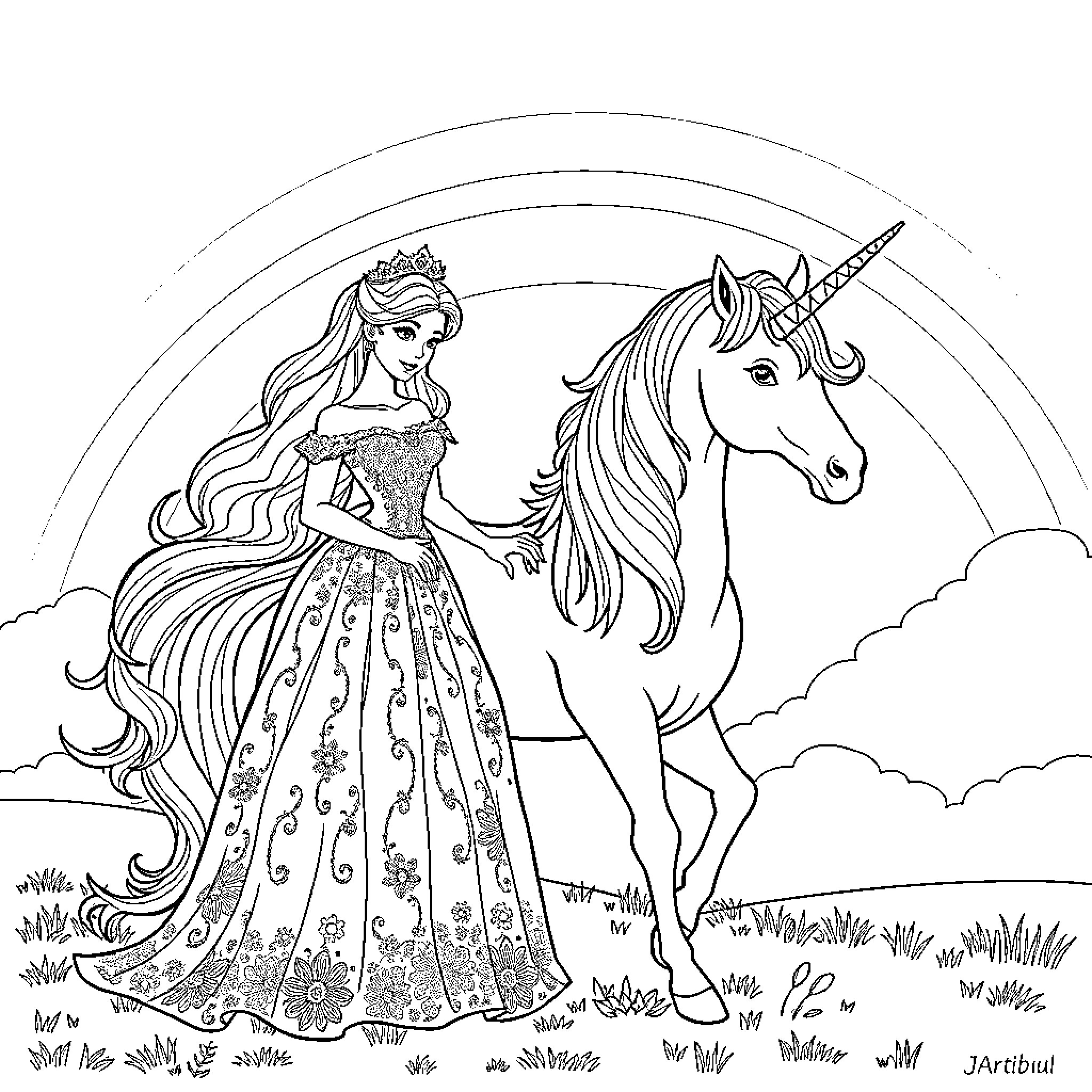 Princess in Elegant Dress with Majestic Unicorn Coloring Page (free black-and-white line drawing printable PDF for all, from beginners to advanced learners, including children, teens, adults, and seniors)