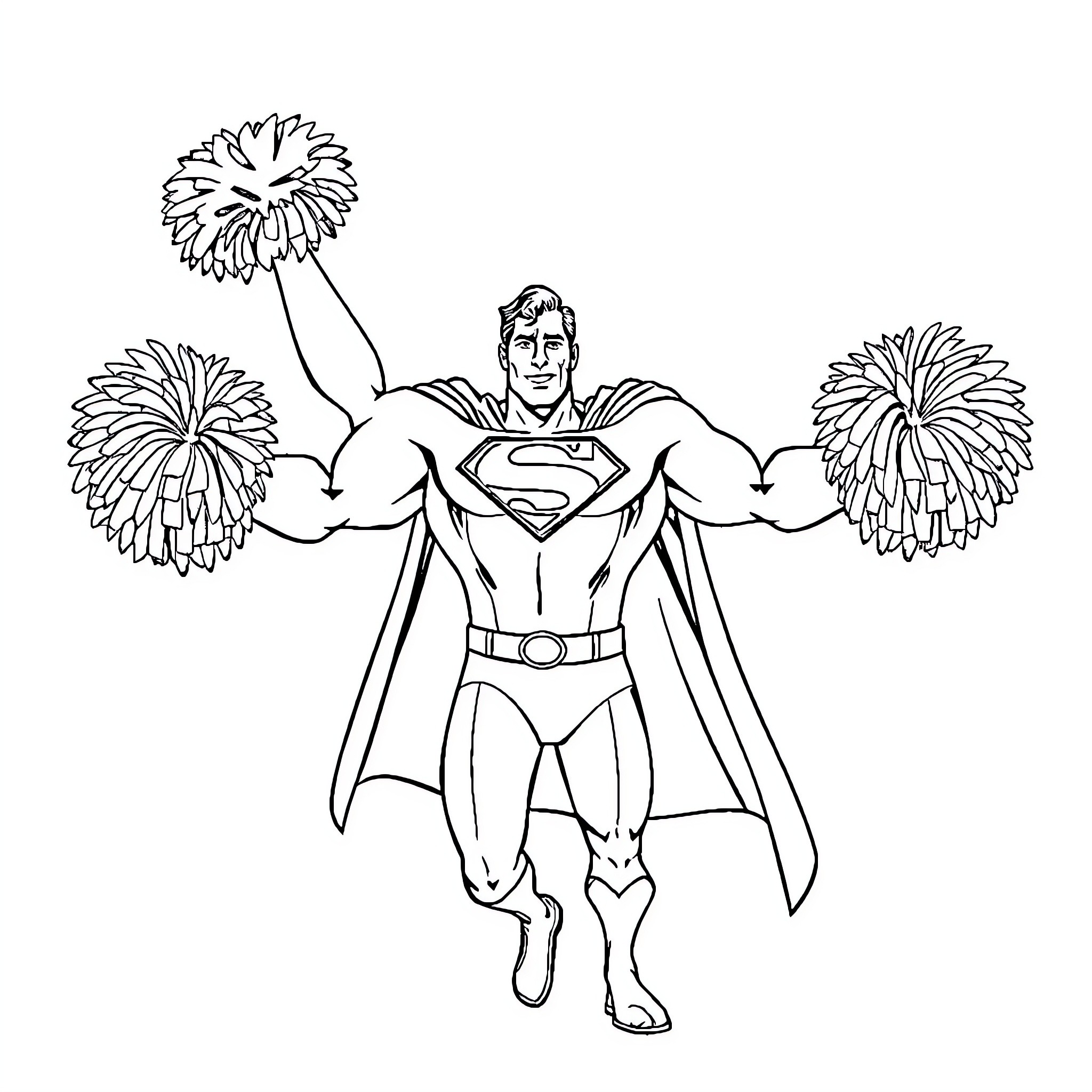 Superman Flying with Cheerleading Pom-Poms Coloring Page (free black-and-white line drawing printable PDF for all, from beginners to advanced learners, including children, teens, adults, and seniors)