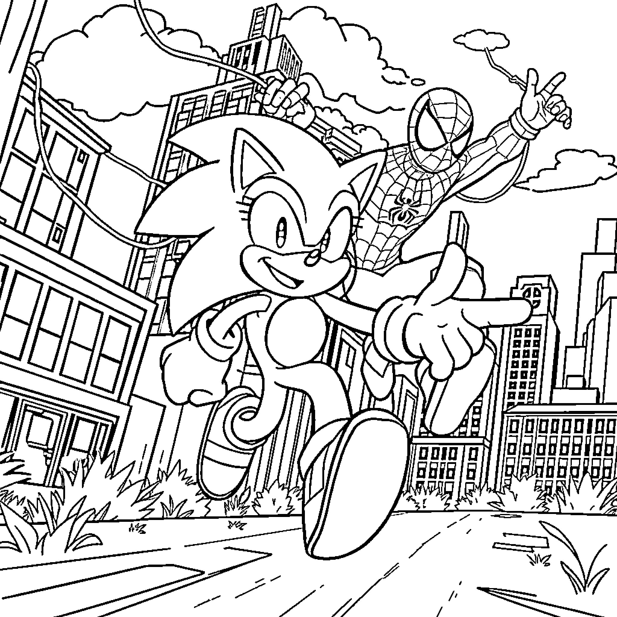 Sonic and Spider-Man team up in the city Coloring Page (free black-and-white line drawing printable PDF for all, from beginners to advanced learners, including children, teens, adults, and seniors)