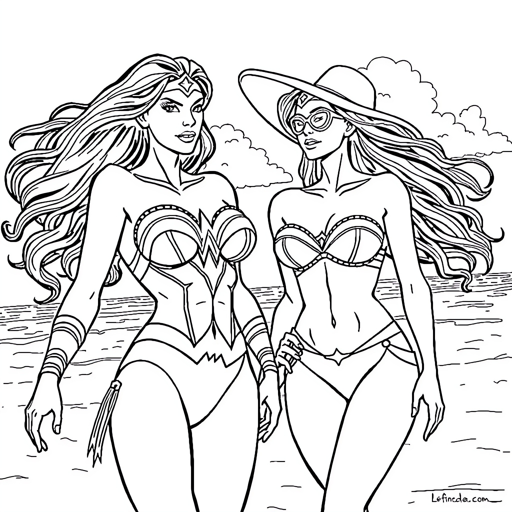 Wonder Woman and Friend Enjoying Beach Adventure Coloring Page (free black-and-white line drawing printable PDF for all, from beginners to advanced learners, including children, teens, adults, and seniors)