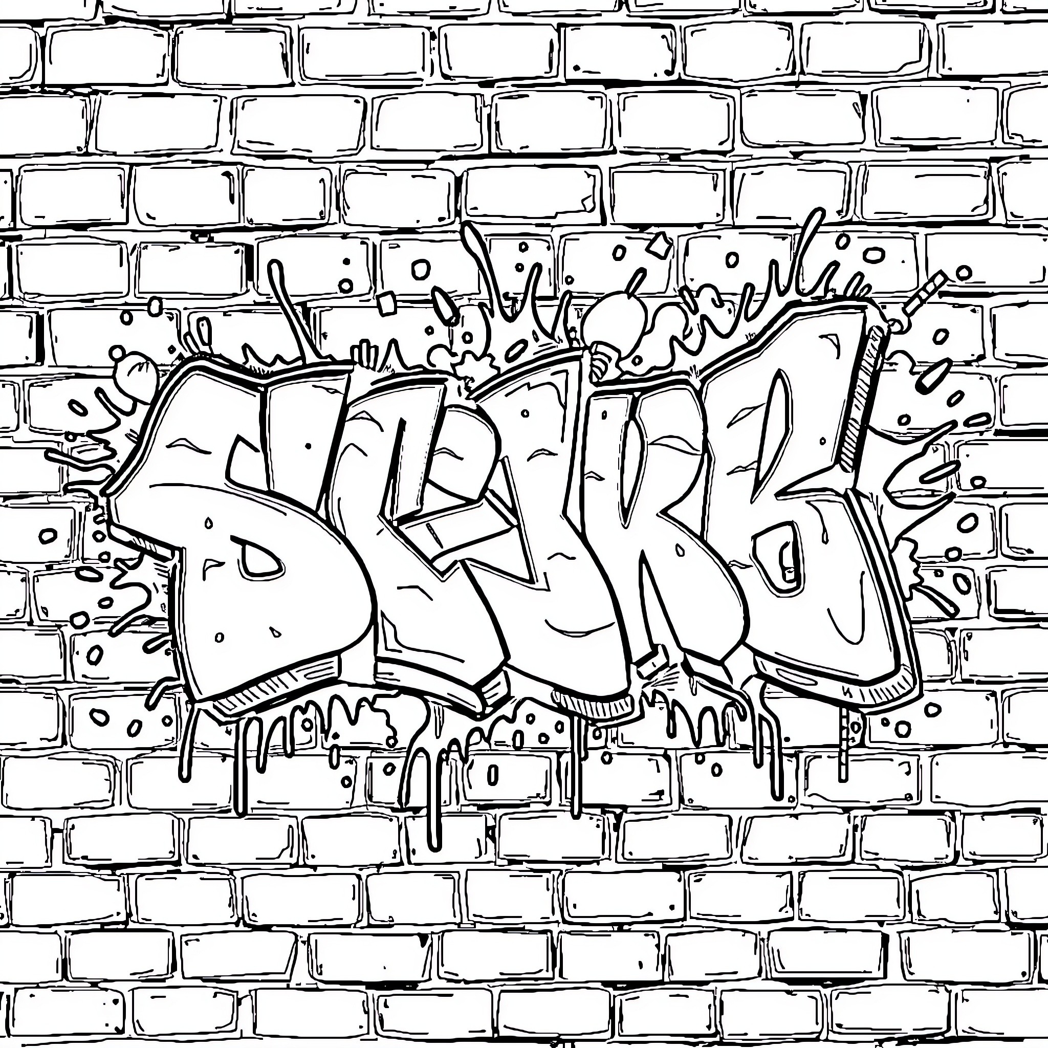 Graffiti Artwork on Brick Wall Coloring Page (free black-and-white line drawing printable PDF for all, from beginners to advanced learners, including children, teens, adults, and seniors)
