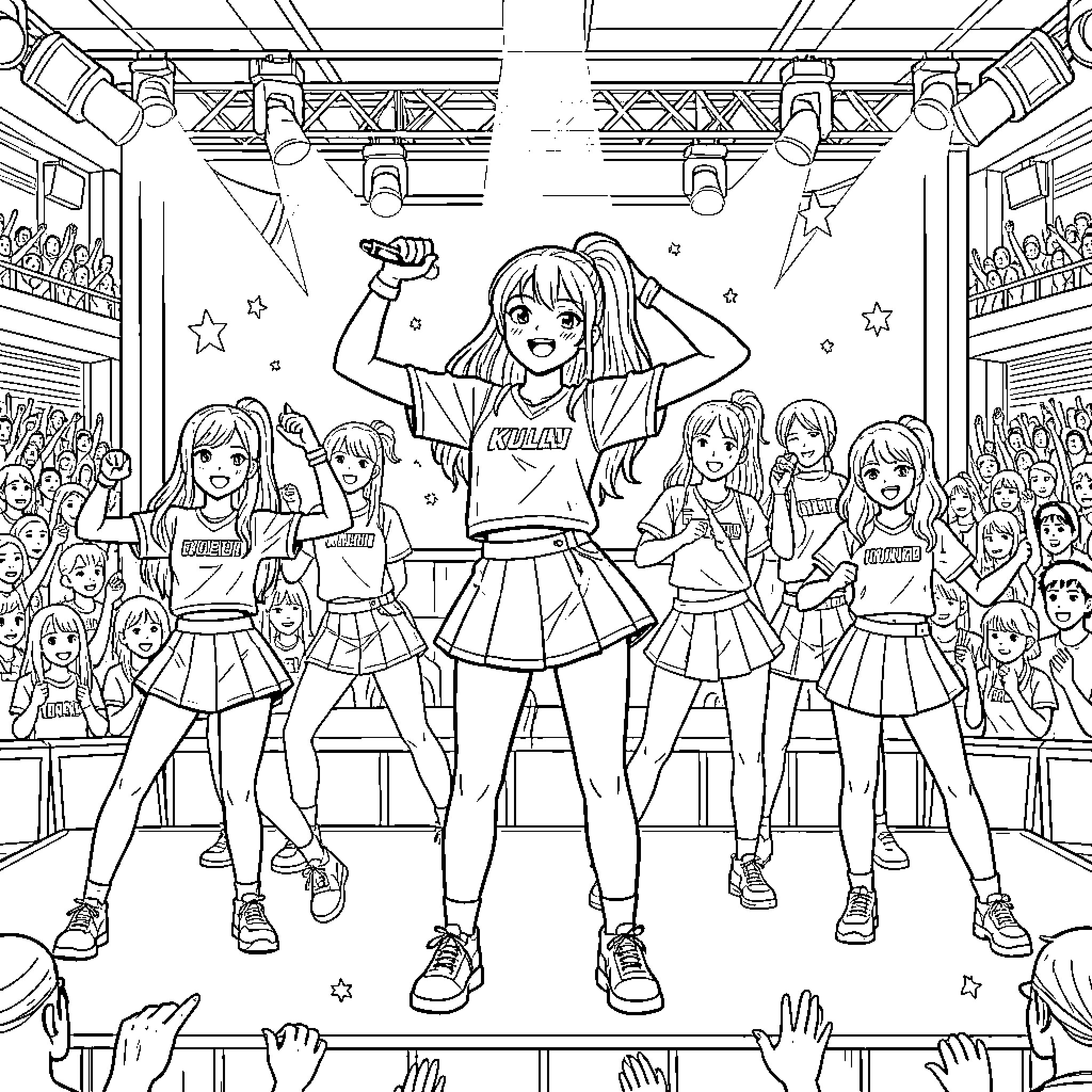 Giulia performing energetically on a concert stage Coloring Page (free black-and-white line drawing printable PDF for all, from beginners to advanced learners, including children, teens, adults, and seniors)