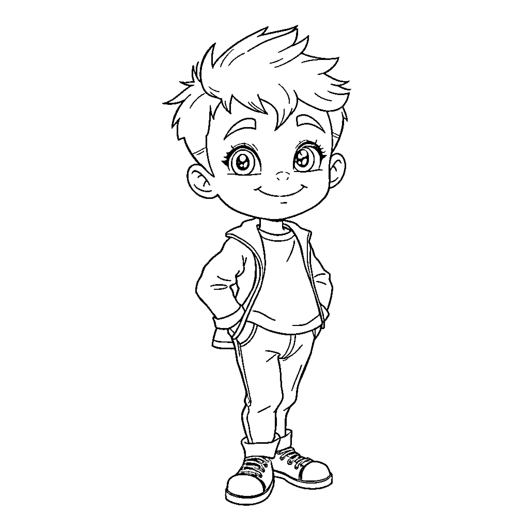 Niño walking with friendly expression Coloring Page (free black-and-white line drawing printable PDF for all, from beginners to advanced learners, including children, teens, adults, and seniors)