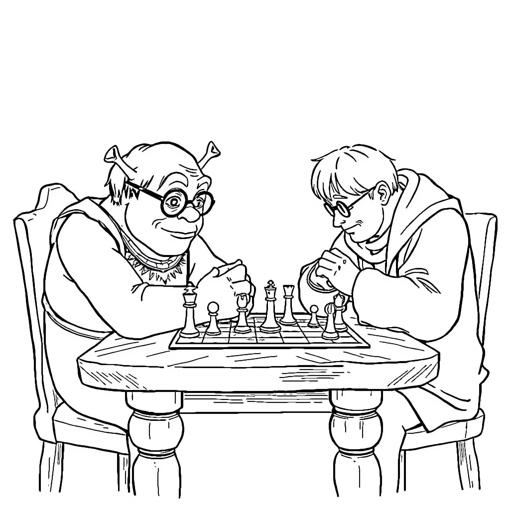 Shrek and friend playing chess together Coloring Page (free black-and-white line drawing printable PDF for all, from beginners to advanced learners, including children, teens, adults, and seniors)