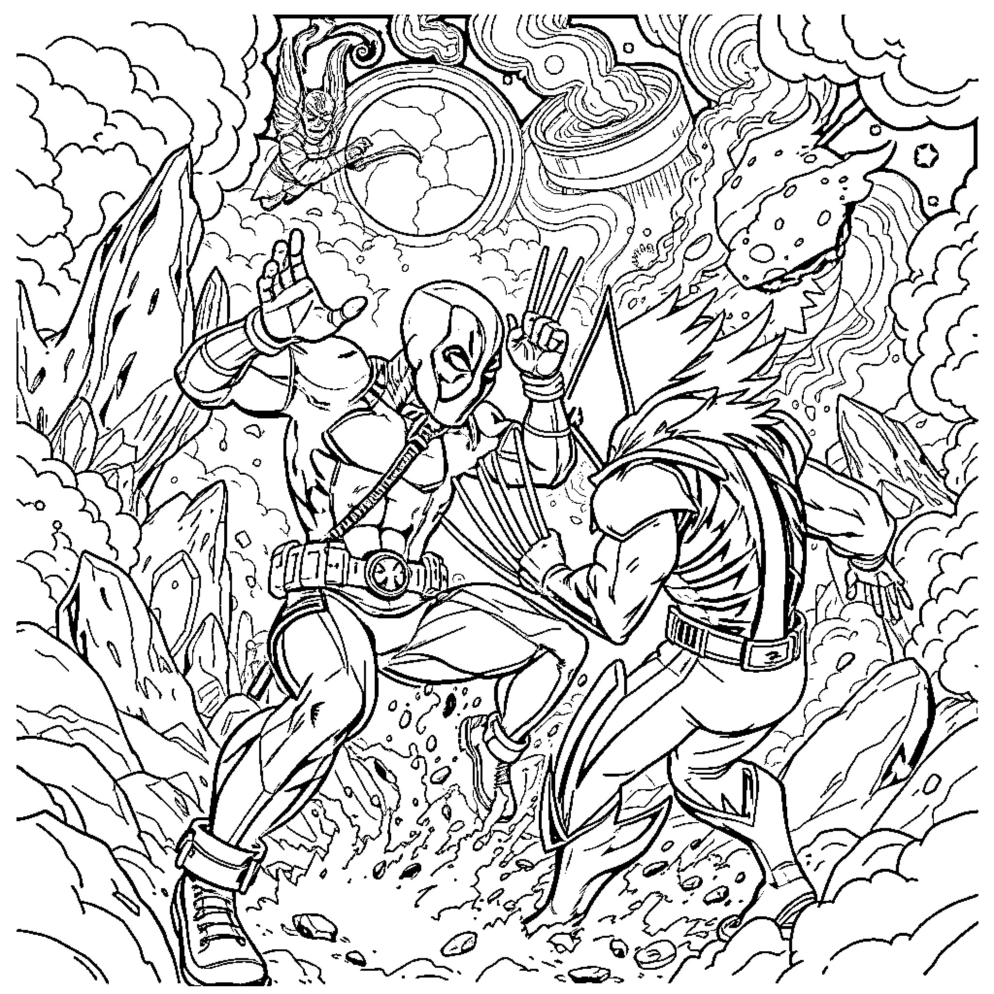 Deadpool in Explosive Cosmic Adventure Coloring Page (free black-and-white line drawing printable PDF for all, from beginners to advanced learners, including children, teens, adults, and seniors)
