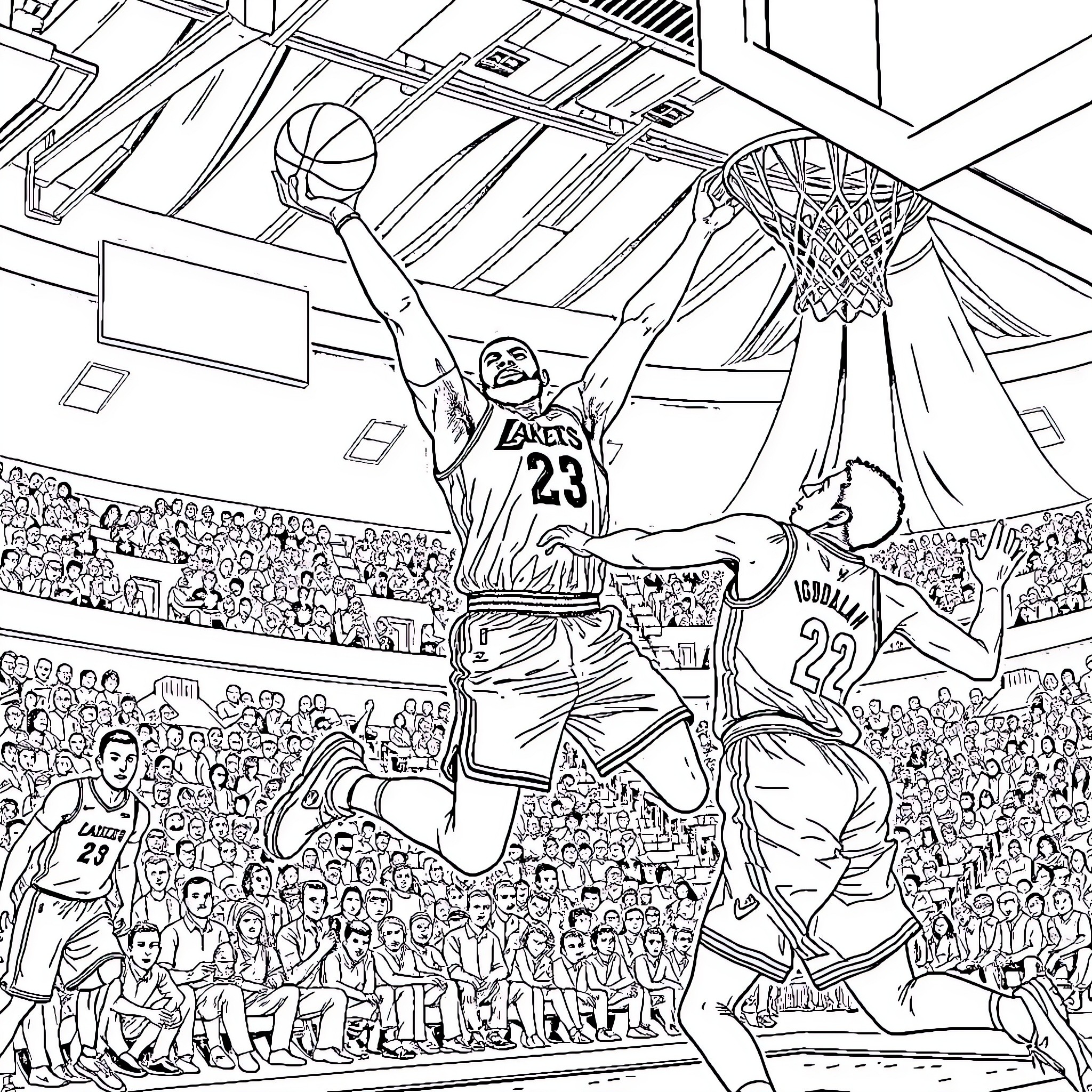 LeBron Basketball Dunk in the Stadium Coloring Page (free black-and-white line drawing printable PDF for all, from beginners to advanced learners, including children, teens, adults, and seniors)