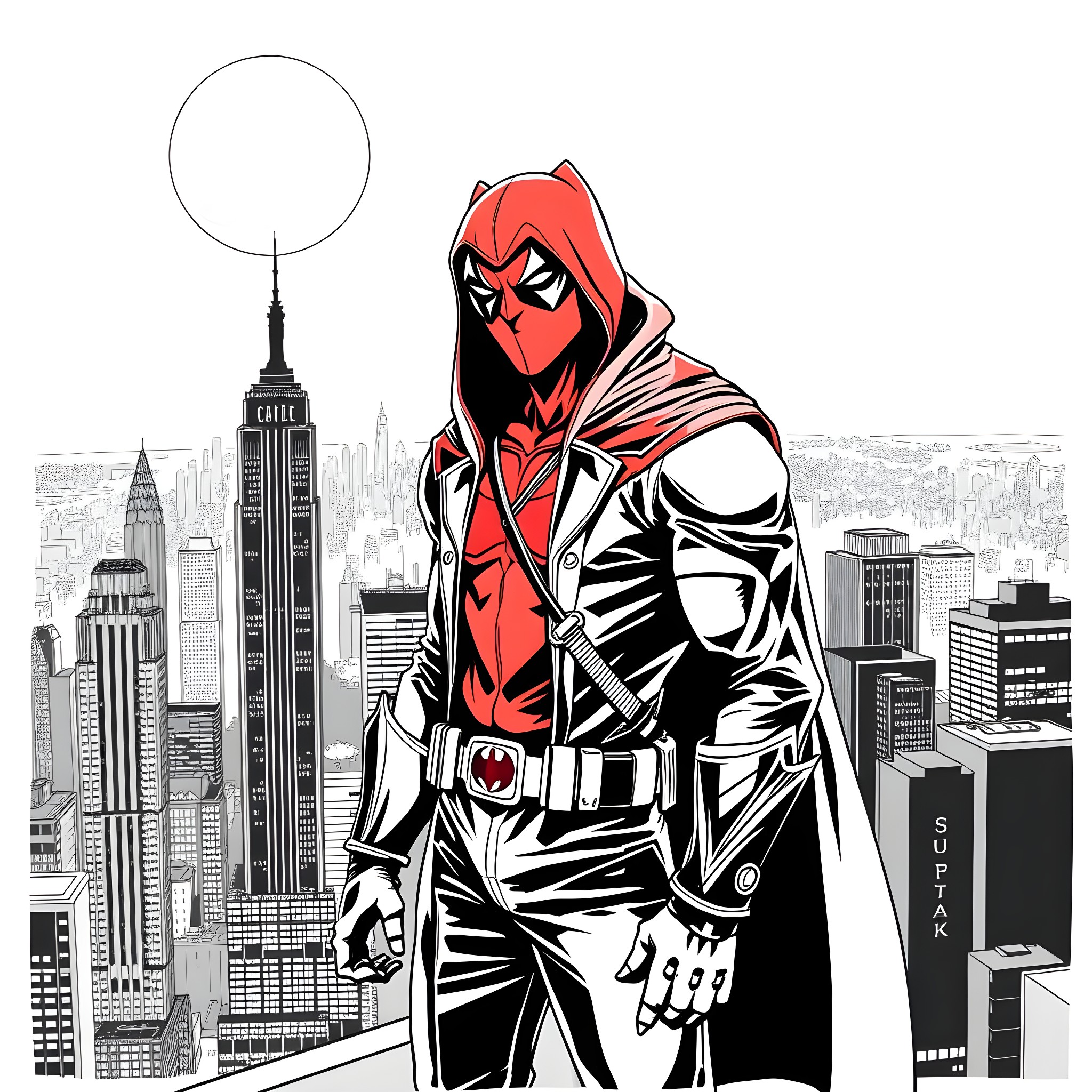 Red Hood's Vigilante Presence in the City Coloring Page (free black-and-white line drawing printable PDF for all, from beginners to advanced learners, including children, teens, adults, and seniors)