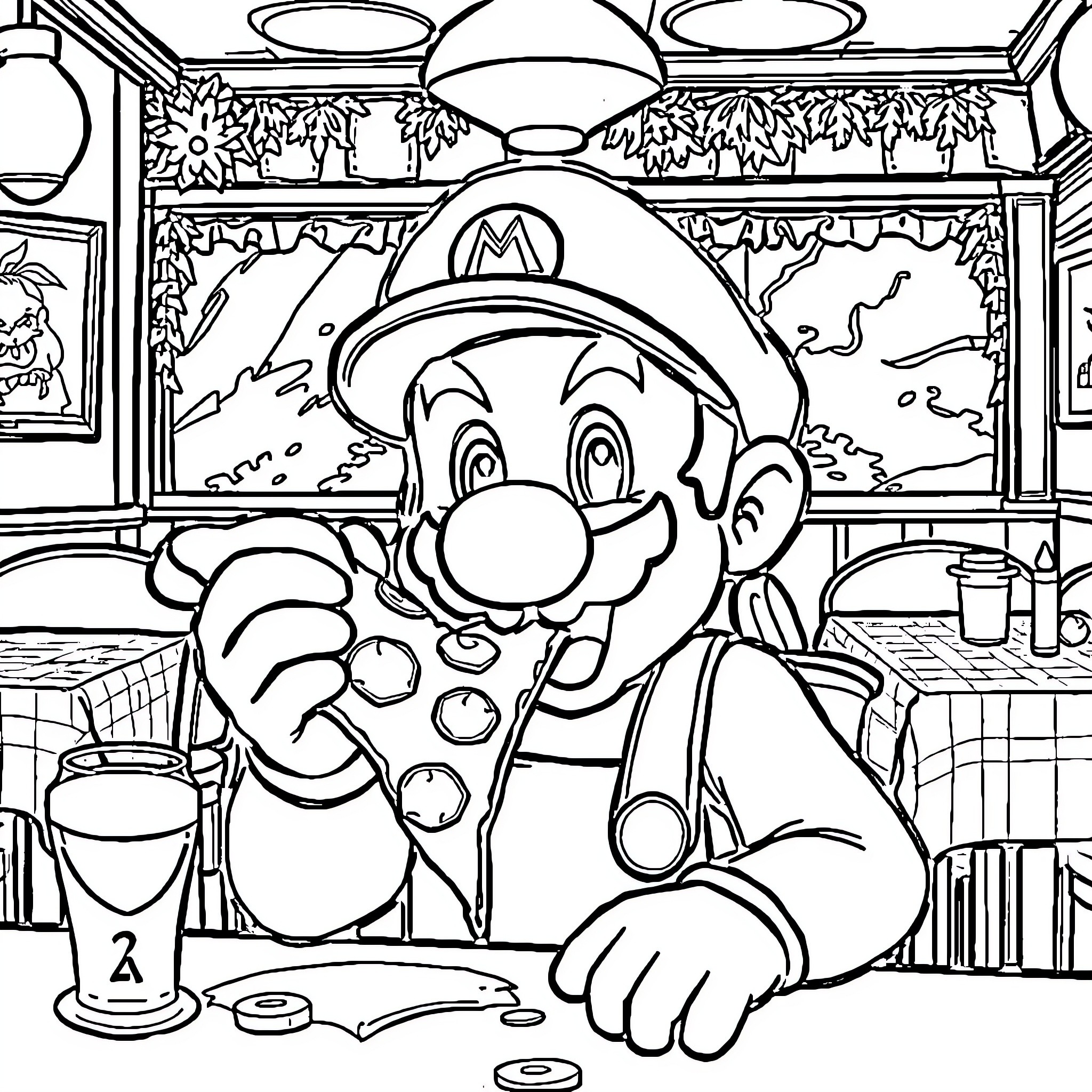 Super Mario enjoying a drink at the bar Coloring Page (free black-and-white line drawing printable PDF for all, from beginners to advanced learners, including children, teens, adults, and seniors)