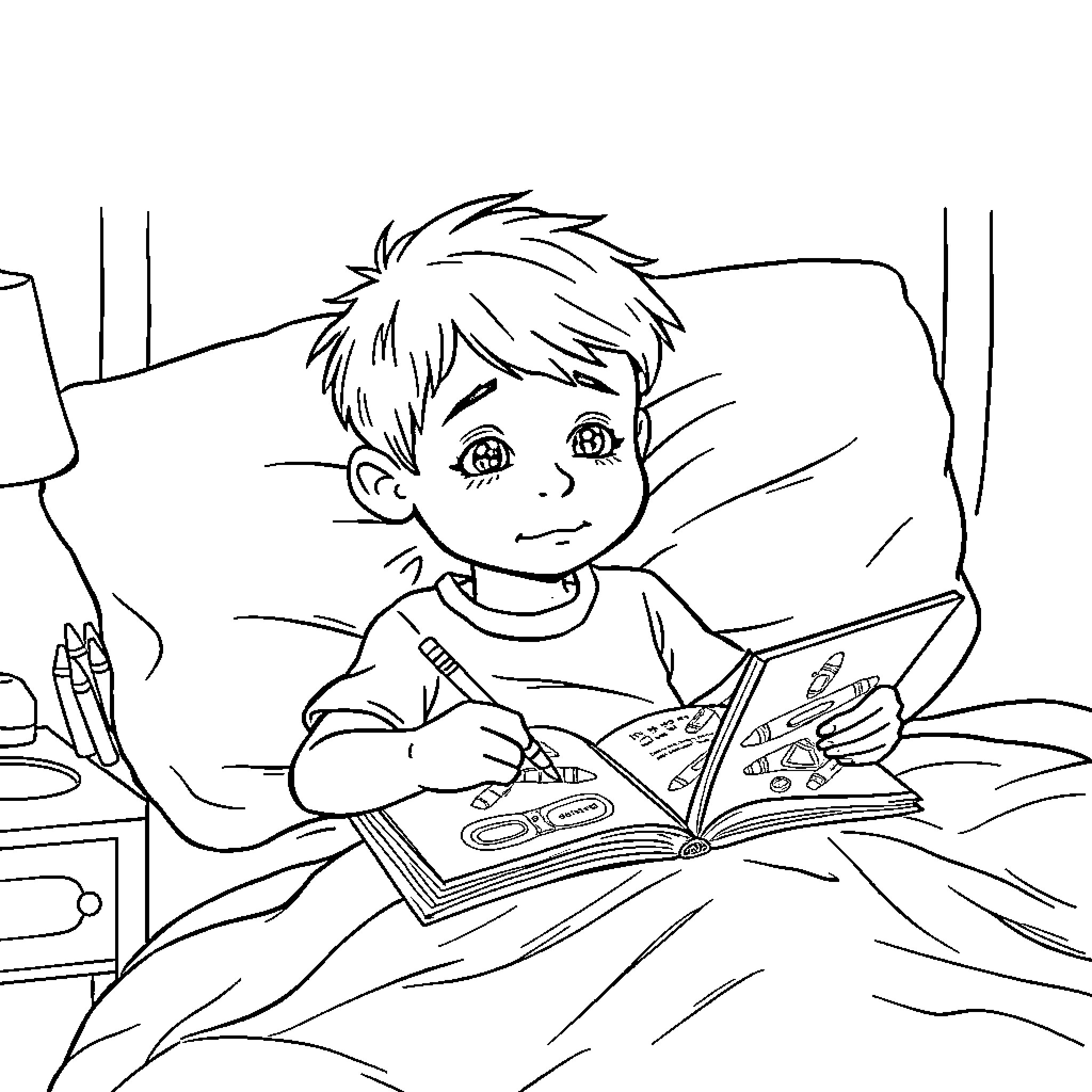 Boy Reading a Book in Bed Coloring Page (free black-and-white line drawing printable PDF for all, from beginners to advanced learners, including children, teens, adults, and seniors)