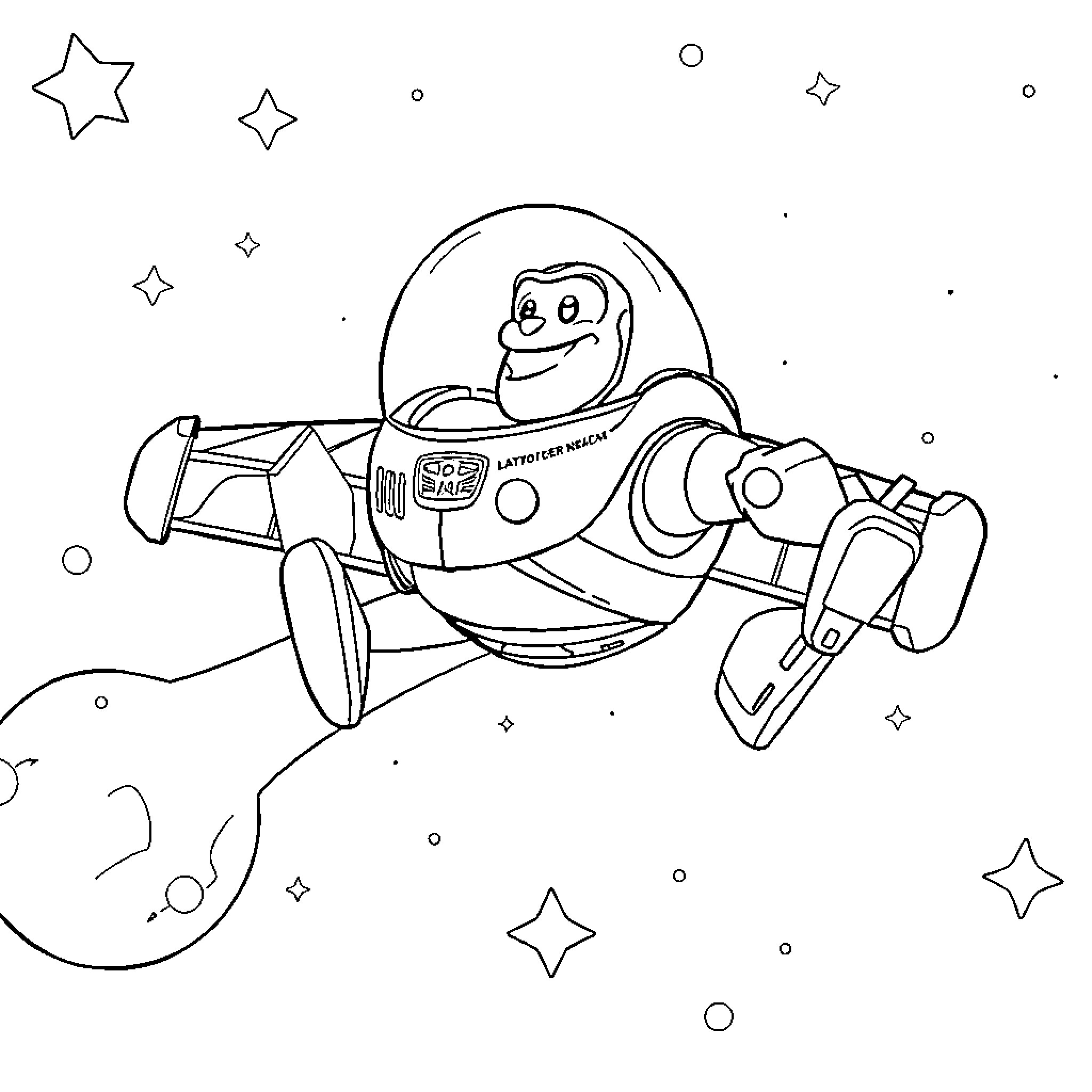 Buzz Lightyear's Intergalactic Adventure Coloring Page (free black-and-white line drawing printable PDF for all, from beginners to advanced learners, including children, teens, adults, and seniors)