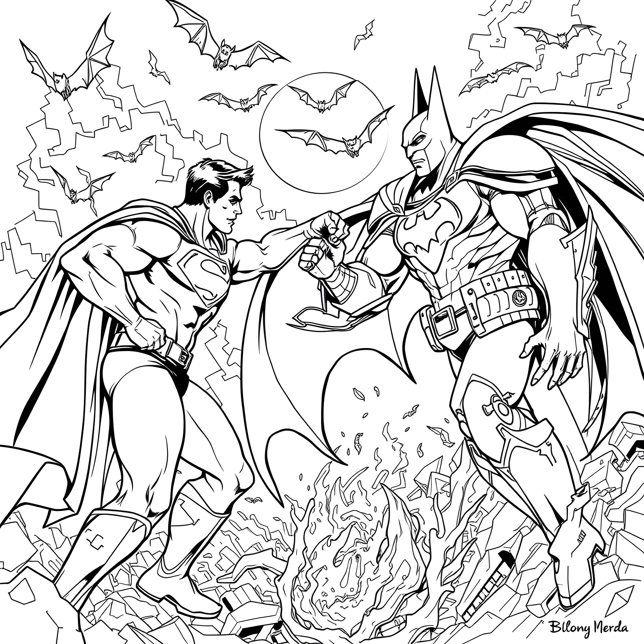 Superman and Batman in an epic battle with bats Coloring Page (free black-and-white line drawing printable PDF for all, from beginners to advanced learners, including children, teens, adults, and seniors)