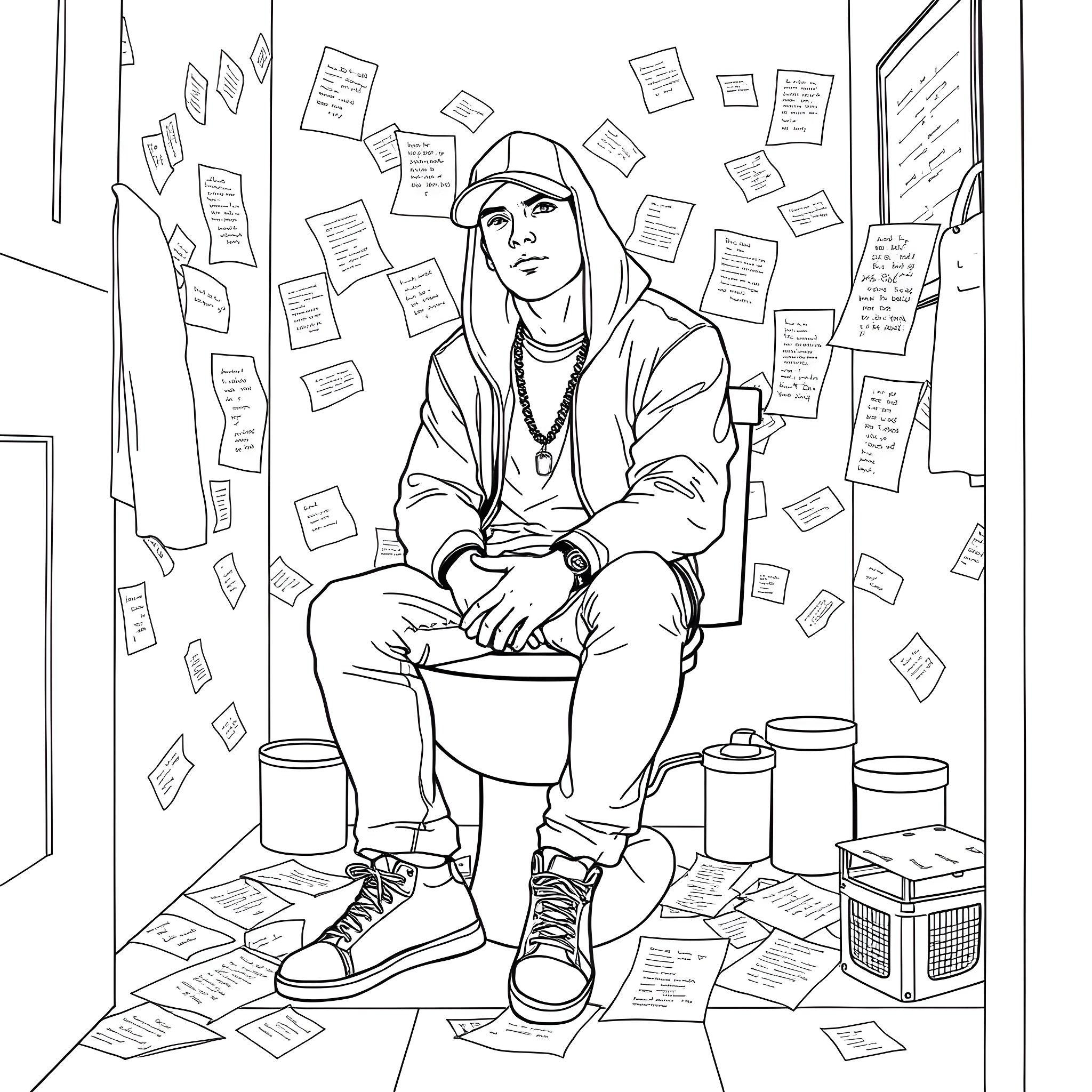 Eminem in a thoughtful pose surrounded by notes Coloring Page (free black-and-white line drawing printable PDF for all, from beginners to advanced learners, including children, teens, adults, and seniors)